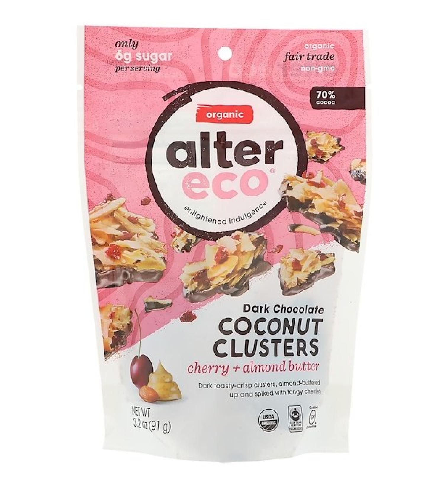 Alter Eco Dark Chocolate Coconut Clusters Cherry + Almond Butter 70% Cocoa 3.2 oz (91 g)