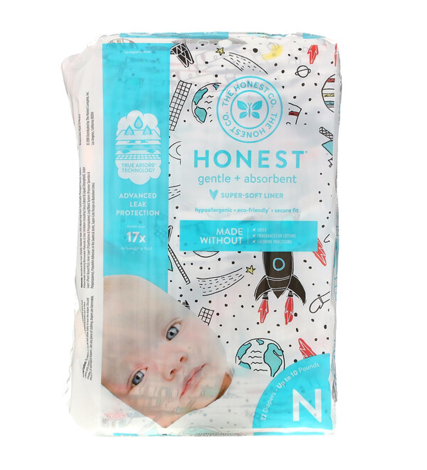 The Honest Company Honest Diapers Super-Soft Liner Newborn Up to 10 Pounds Space Travel 32 Diapers