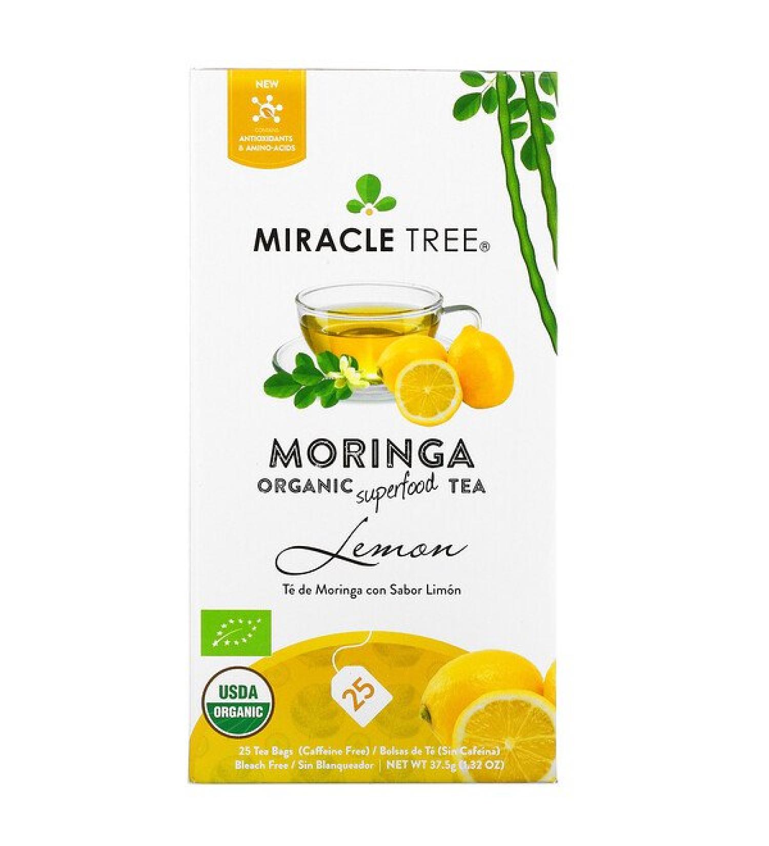 Miracle Tree Moringa Organic Superfood Tea Lemon Caffeine Free 25 Tea Bags 1.32 oz (37.5 g)