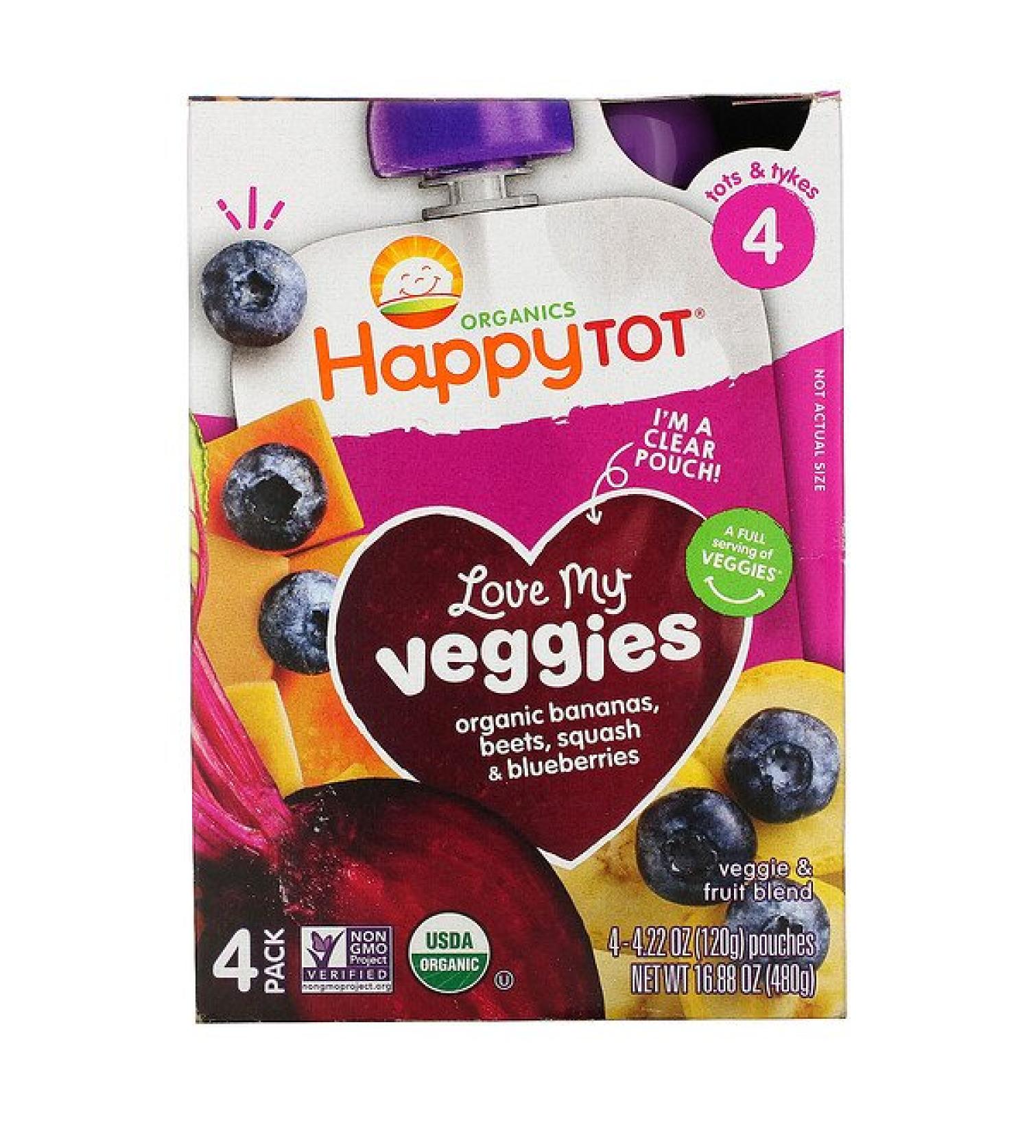Happy Family Organics Happy Tot  Stage 4 Love My Veggies Organic Bananas Beet Squash & Blueberries 4 Pouches 4.22 oz (120 g) Each