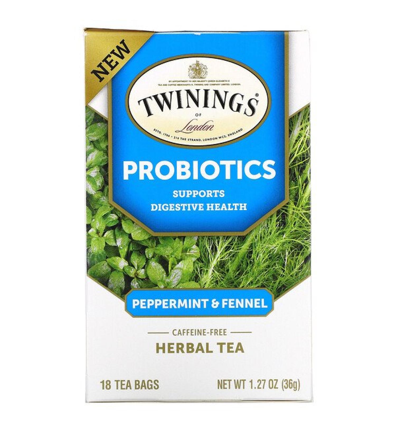 Twinings Probiotics Herbal Tea - Caffeine-Free Peppermint & Fennel, 18 Tea Bags | 1.27 oz - Buy Online on SooperMarket.com