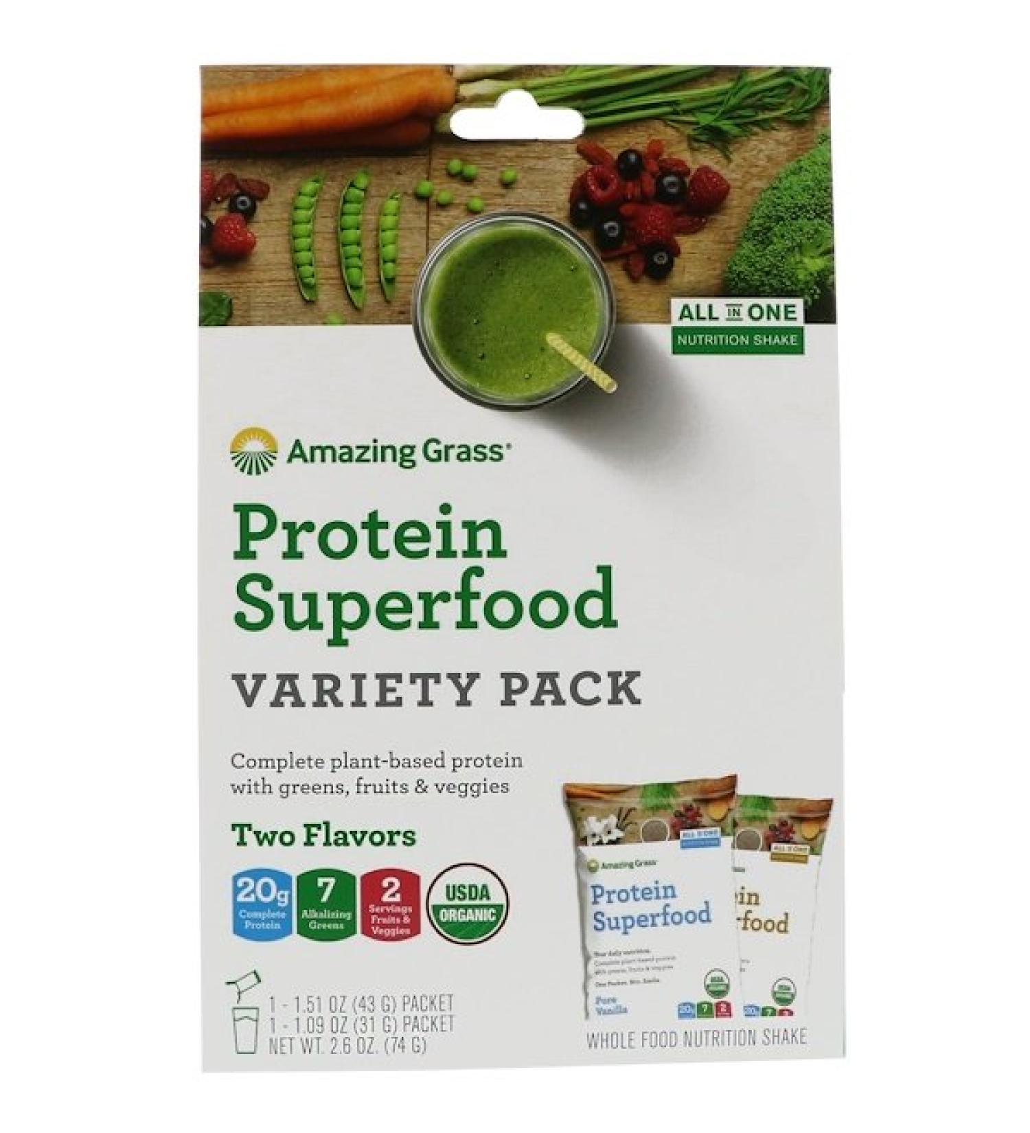 Amazing Grass Protein Superfood Variety Pack Two Flavors Chocolate  Peanut Butter & Pure Vanilla 2 Packets