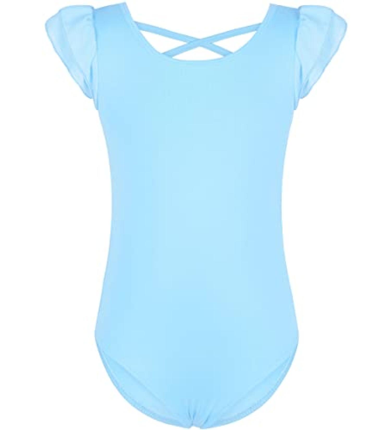 MOLLDAN Girls Dance Ballet Leotard | Short Sleeve | Criss Cross Straps | Ruffle Sleeve | Light Blue | Size 6-8 Years - Buy Online on SooperMarket.com