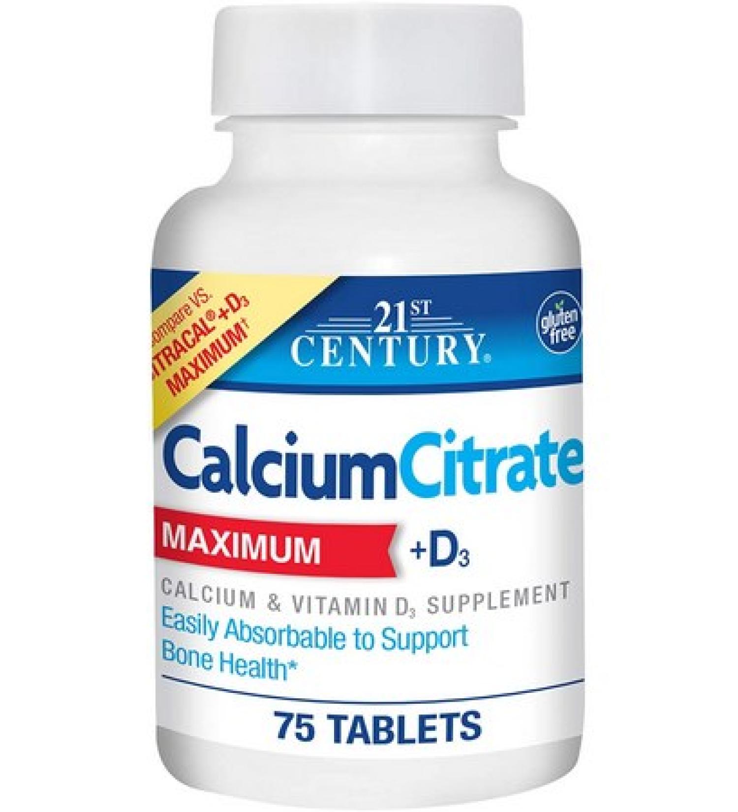 21st Century Calcium Citrate with D3 - 75 Tablets for Strong Bones & Immune Support - Buy Online on SooperMarket.com