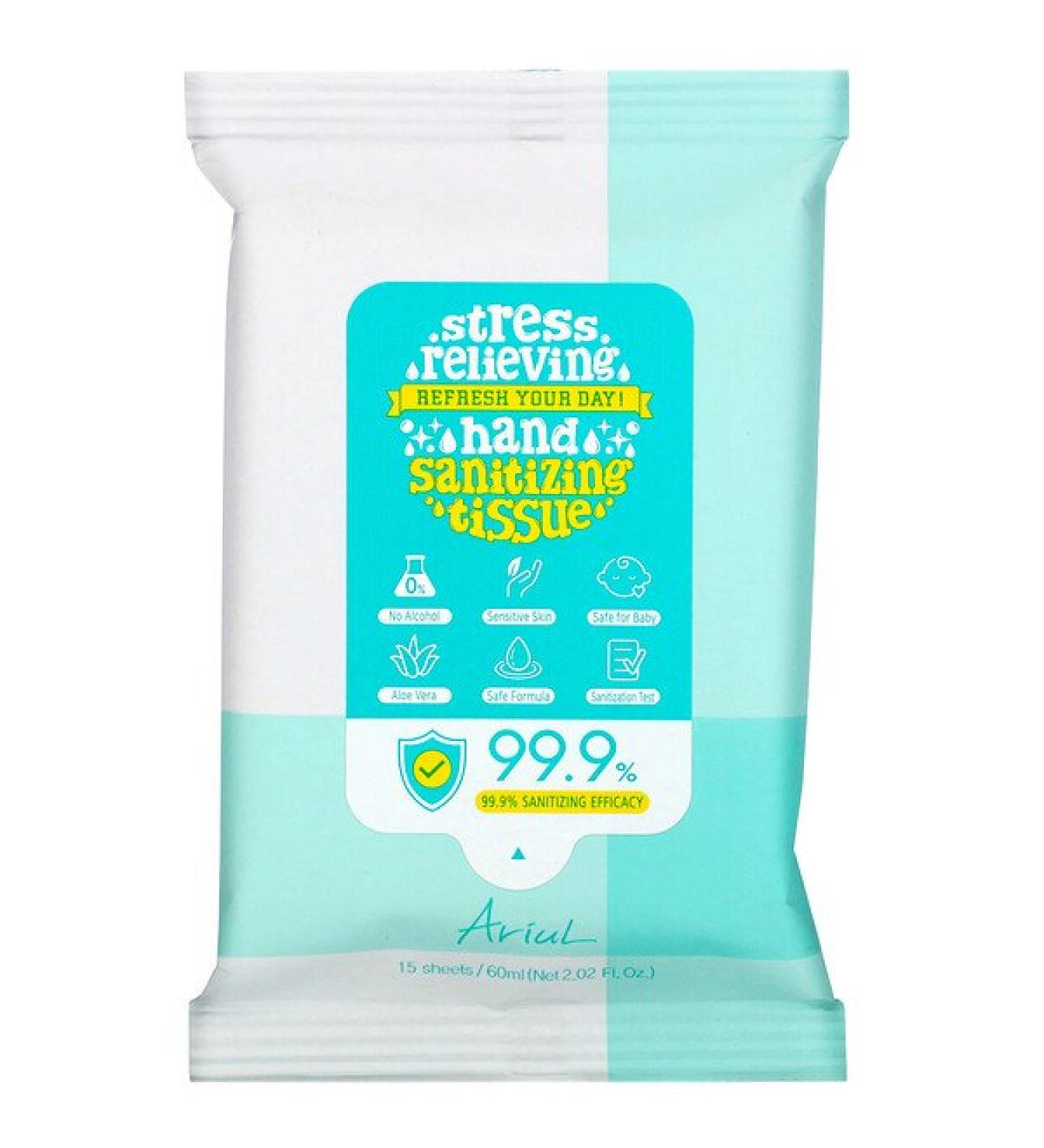 Ariul Hand Sanitizing Wipes 99.9% Efficacy Aloe Vera 15 Tissues