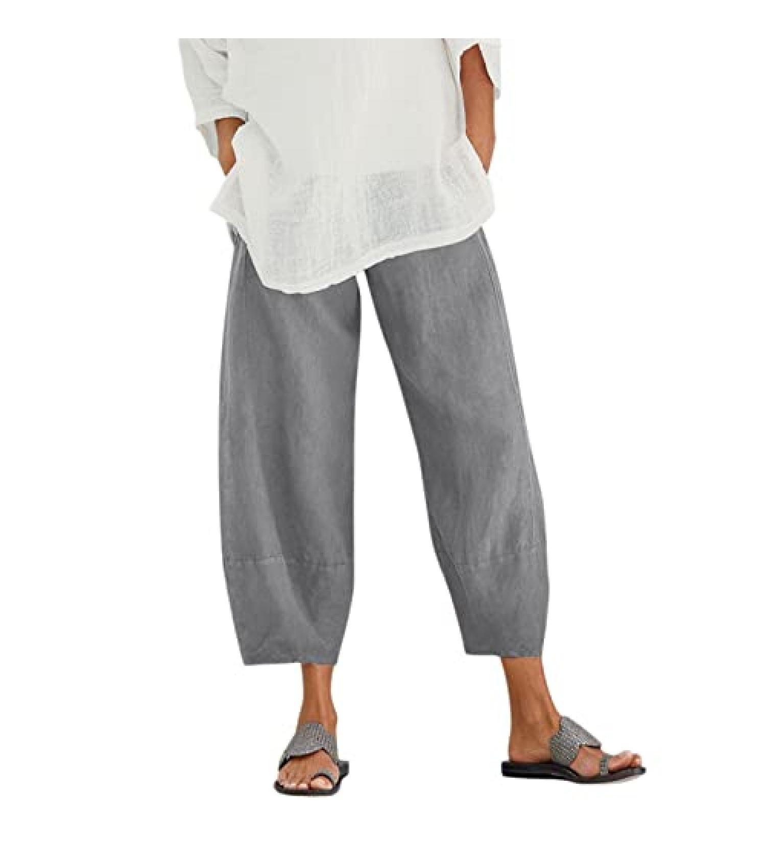 Viyabling Women's Linen Palazzo Pants - Loose Fit Summer Lounge Trousers with Elastic Waist and Pockets - Casual Dress Pants in 4XL - Gray - Buy Online on SooperMarket.com