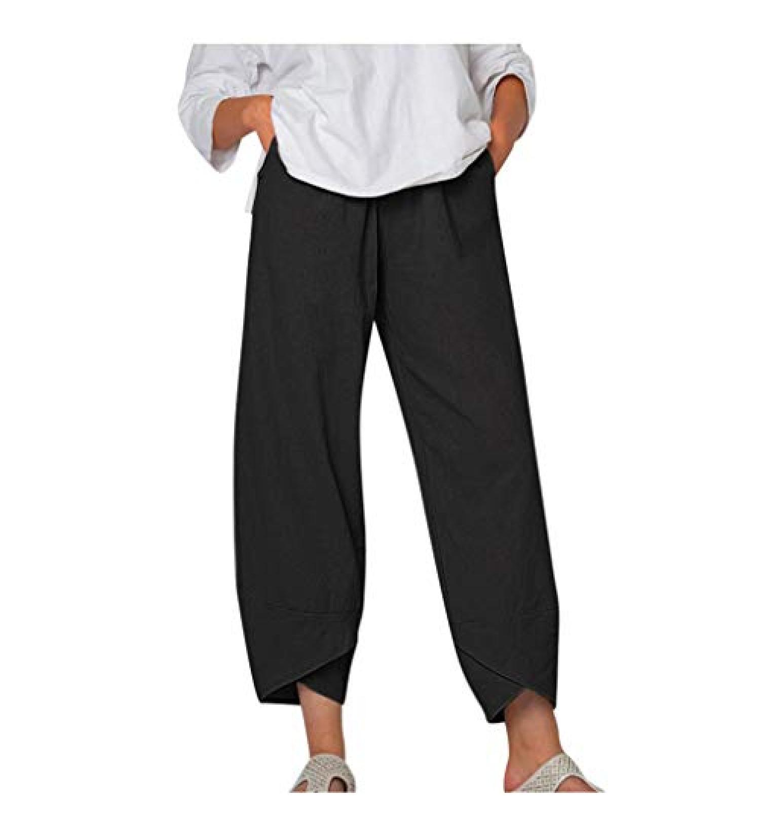 Gufesf Women's Linen Capri Pants - High Waisted Wide Leg Summer Crop Pants in Black (X-Large) - Buy Online on SooperMarket.com