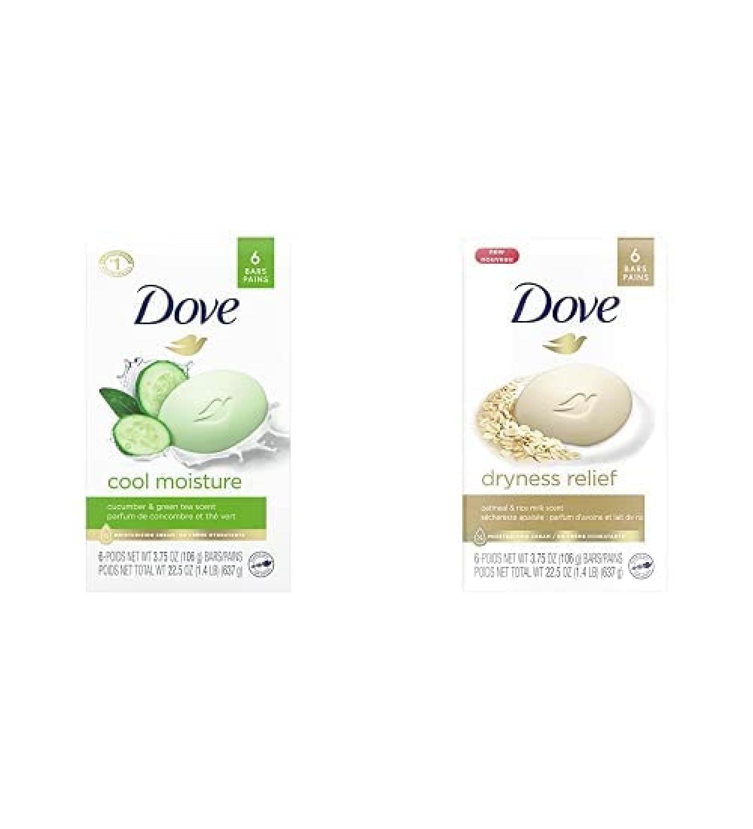 Dove Refreshing Beauty Bar skin care for Revitalized Skin Cucumber and Green Tea 106 g 6 count and Dove Dryness Relief Beauty Bar deep moisturizing body bar