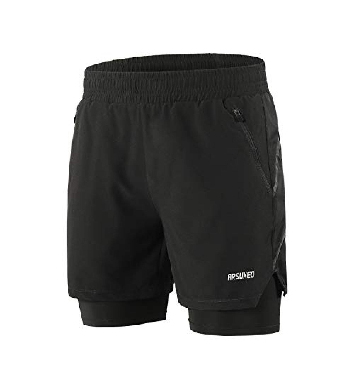 ARSUXEO Men's 2 in 1 Active Running Shorts with 2 Zipper Pockets B191 Black Medium - Buy Online on SooperMarket.com