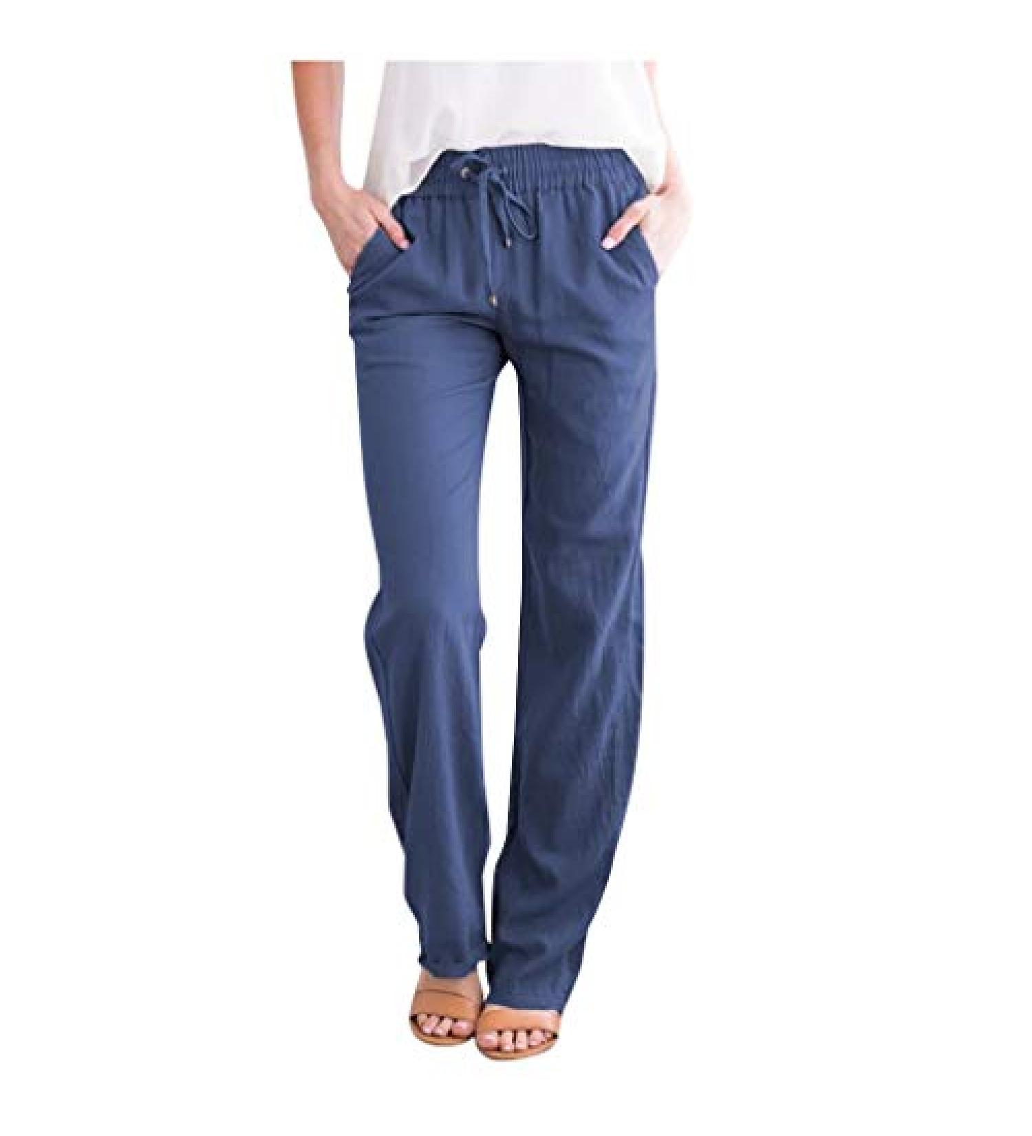 Women's Casual Relaxed-Fit Elastic Waist Linen Pant X-Large Blue | Drawstring Loose Trousers with Pocket - Buy Online on SooperMarket.com