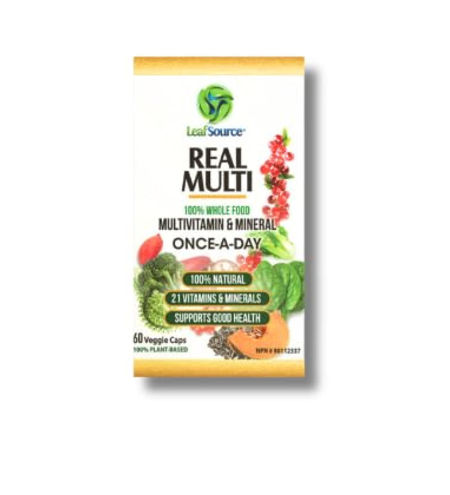 Leafsource Real Multi Vitamins & Minerals 60 Capsules in Glass Jar 21 Organic Sourced Whole Food Real Fruits & Veggies Supplements Vegan Enhanced Well-being Naturally A REAL Natural Multivitamin and Multi-Mineral Synthetic vitamins can't do that only the 