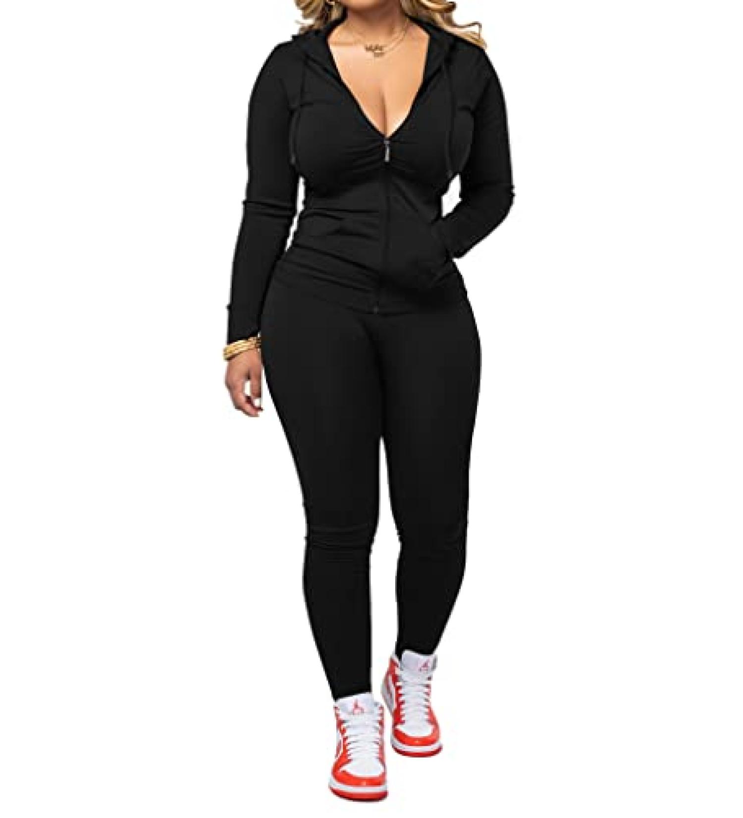 PINSV Women's Two Piece Workout Set - Bodycon Tracksuit with Zip Up Hoodie and Jogger Sweat Pants in Black - Size X-Large - Buy Online on SooperMarket.com
