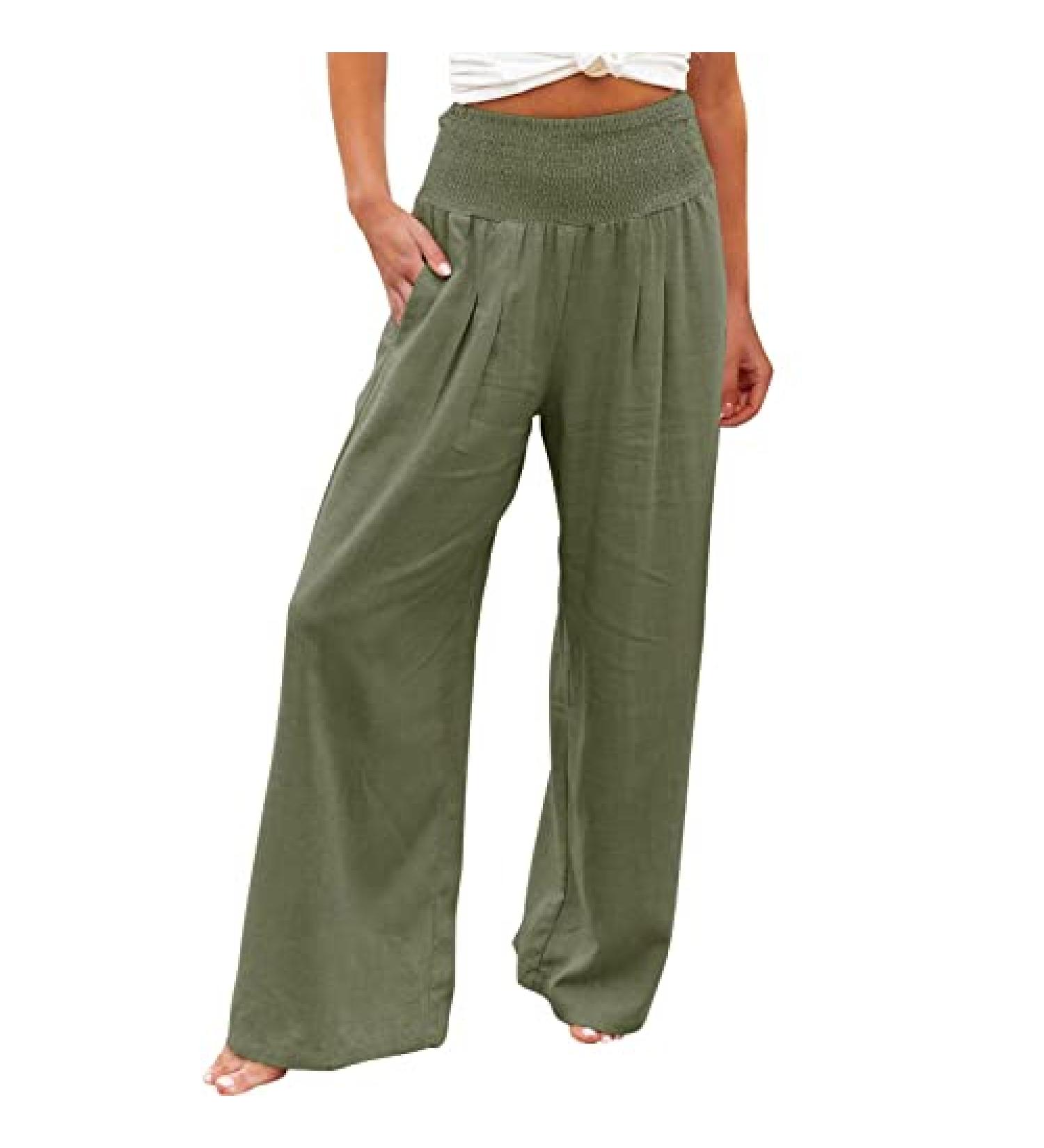 Womens Cotton Linen Wide Leg Palazzo Pants | High Waisted Lounge Cargo Beach Trouser | Loose Fit XXL | Army Green - Buy Online on SooperMarket.com