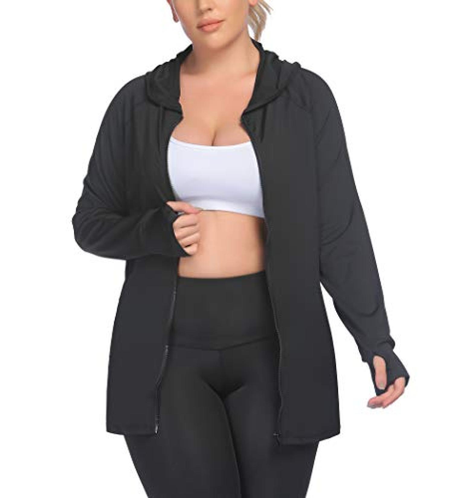 IN'VOLAND Women's Plus Size Running Jacket - Lightweight Full Zip Hoodie with Pockets in Black - Size 22 - Buy Online on SooperMarket.com