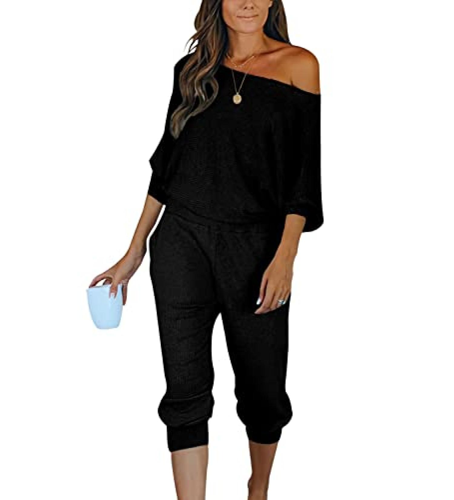 PRETTYGARDEN Women's Ribbed Off Shoulder Tracksuit Set - Black, Large - Buy Online on SooperMarket.com