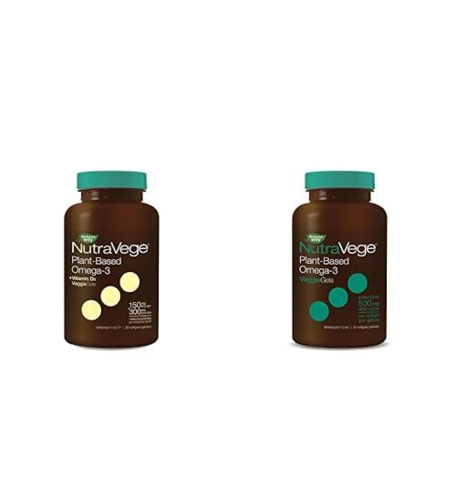 Nature's Way NutraVege Plant-based Omega-3 + D VeggieGels for Heart and Brain Function and Plant-based Omega-3 VeggieGels for Healthy Heart Eyes and Brain Function in Adults