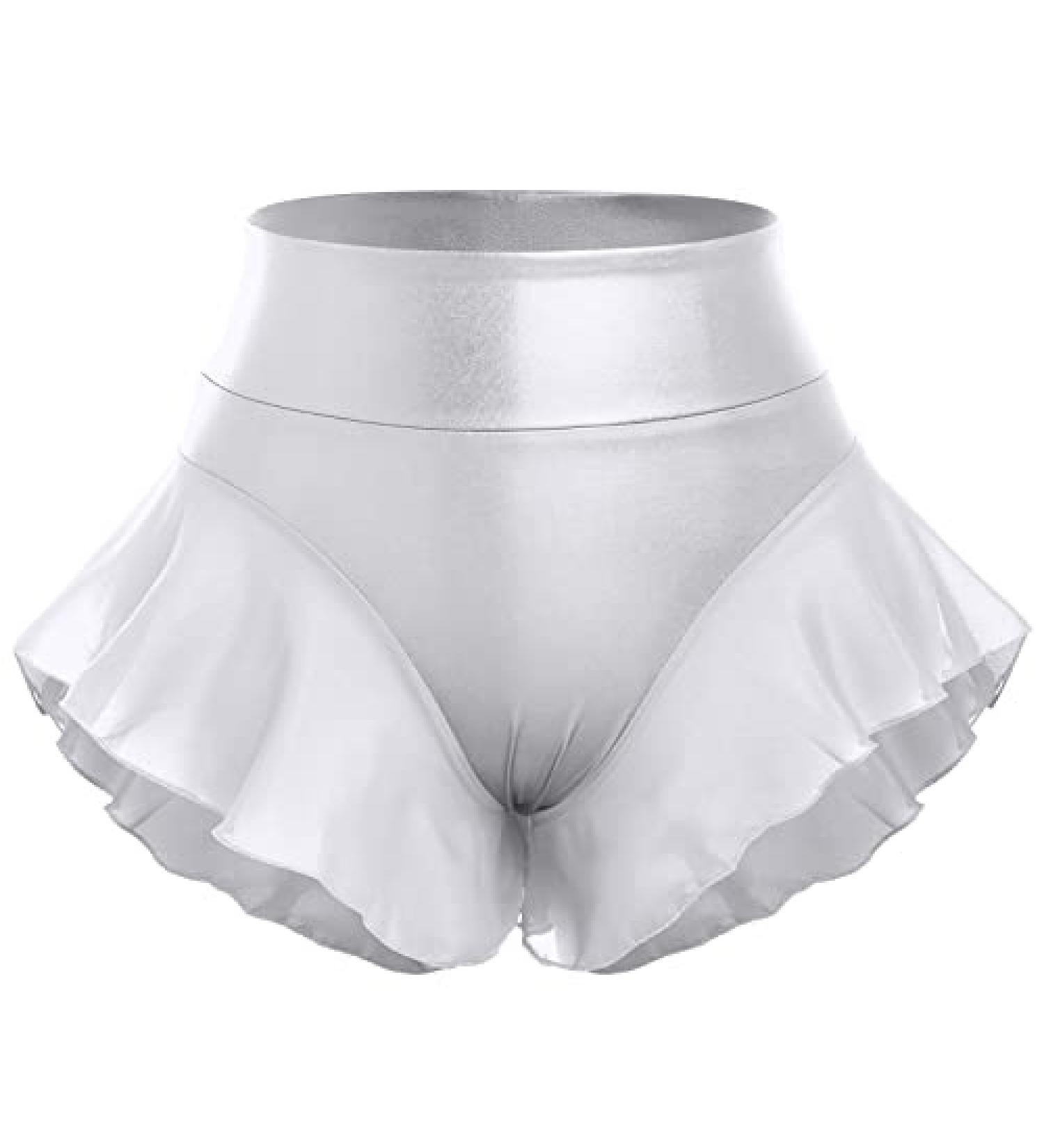 Women's Shiny Ruffle Dance Booty Shorts - High Waist Metallic Mini Hot Pants for Stage, Pole Dance, Yoga - Large Silver - Buy Online on SooperMarket.com