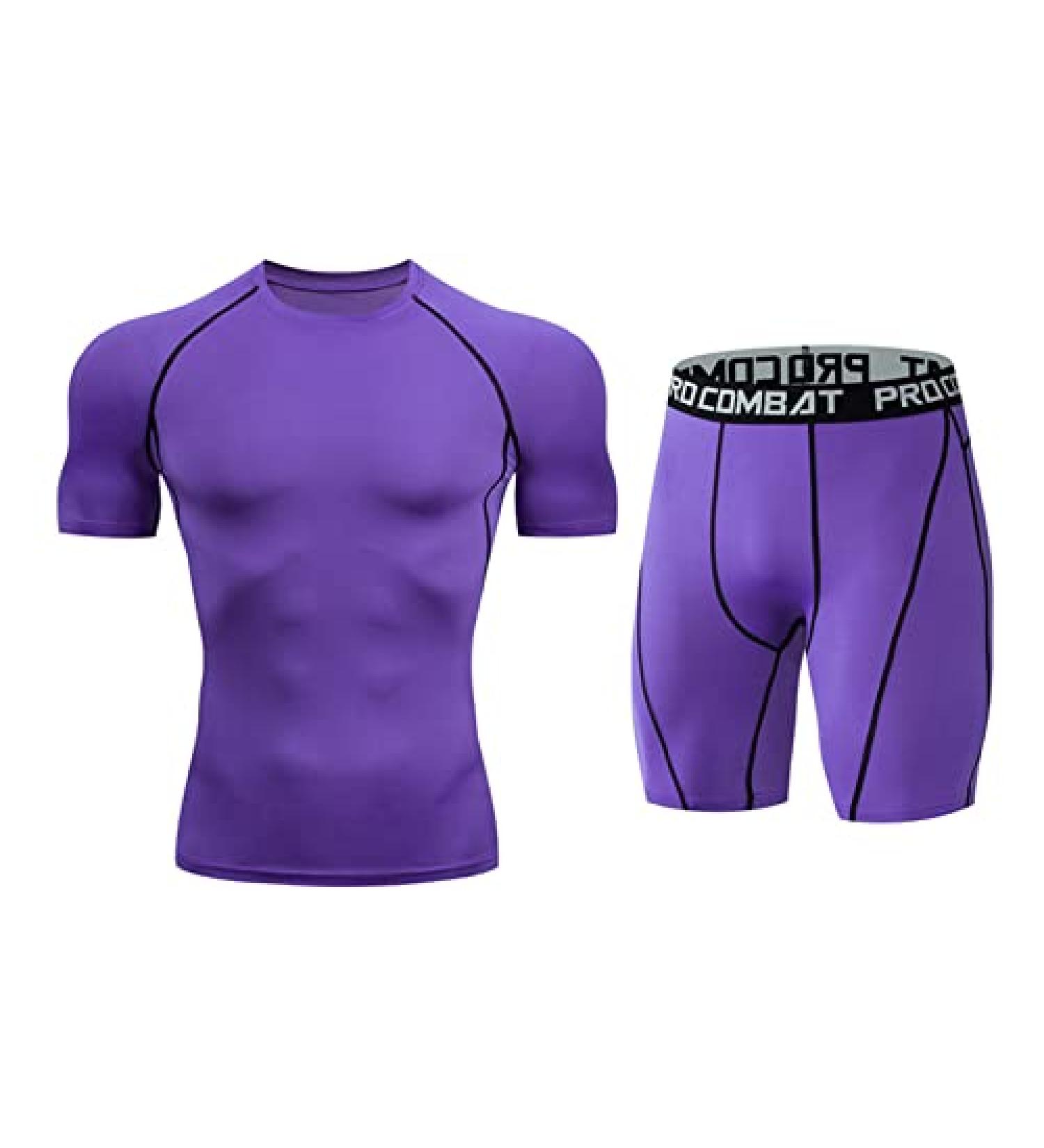 szxiten Men's Compression Workout Set - Purple, X-Large | Gym Tights & Short Sleeve Shirt | Quick Dry Base Layer Sportswear - Buy Online on SooperMarket.com