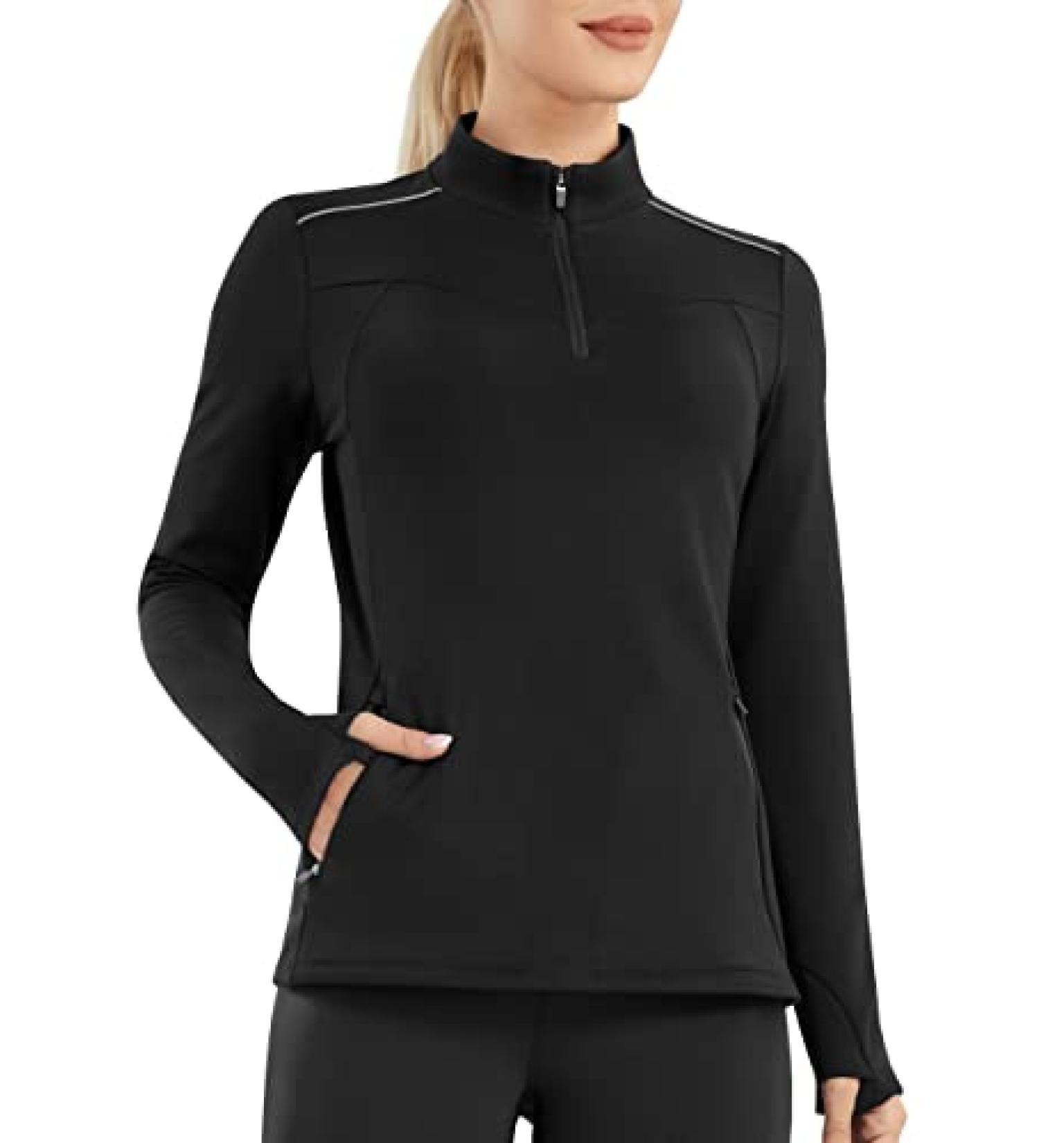 PERSIT Women's 1/4 Zip Fleece Pullover with Thumbholes | Long Sleeve Thermal Top for Running - Black - Medium - Buy Online on SooperMarket.com