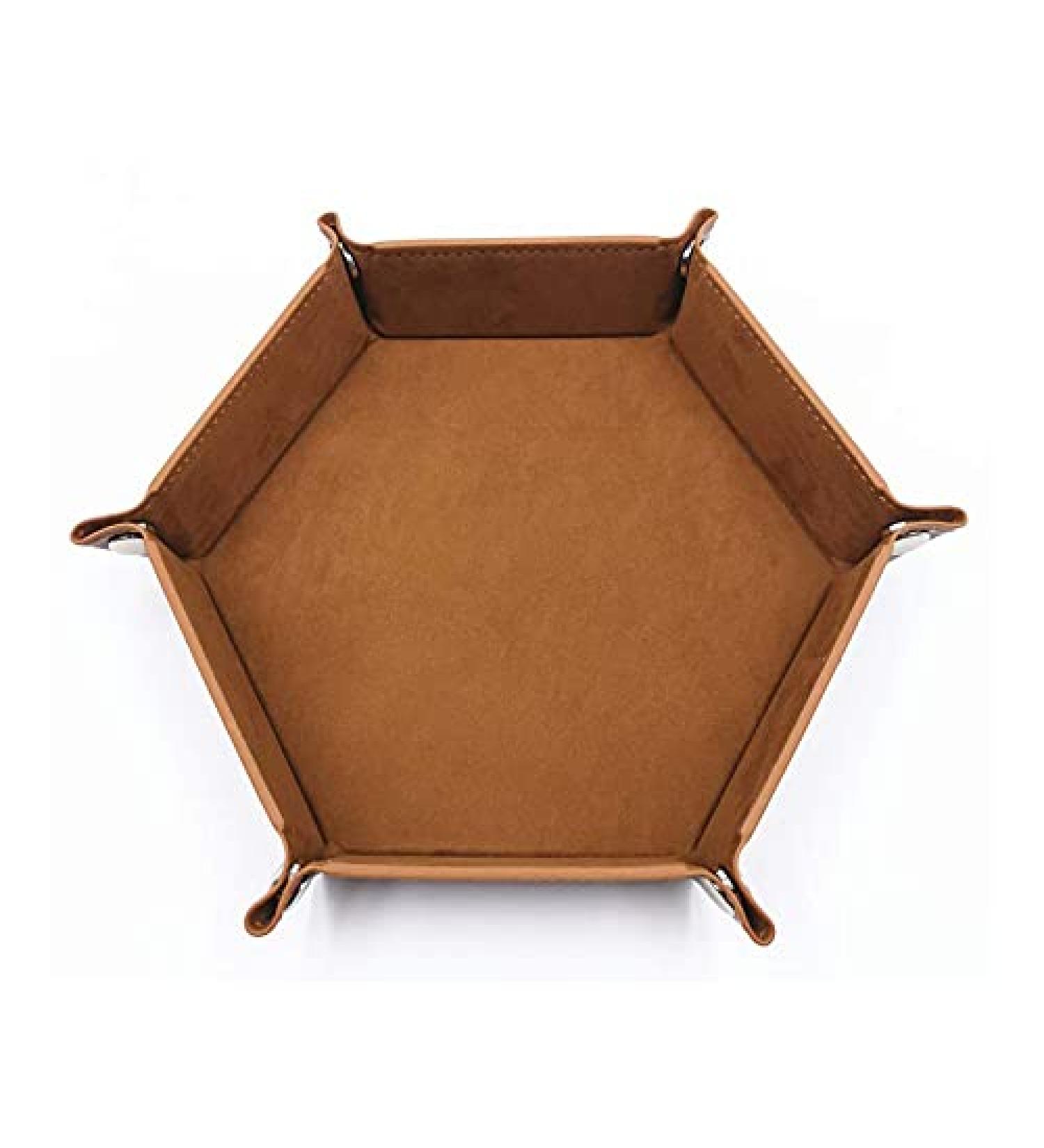 2 Pack Folding Hexagon Tray - Metal Dice Rolling Tray for RPG, DND and Other Table Games, Holder Storage Box (Brown)