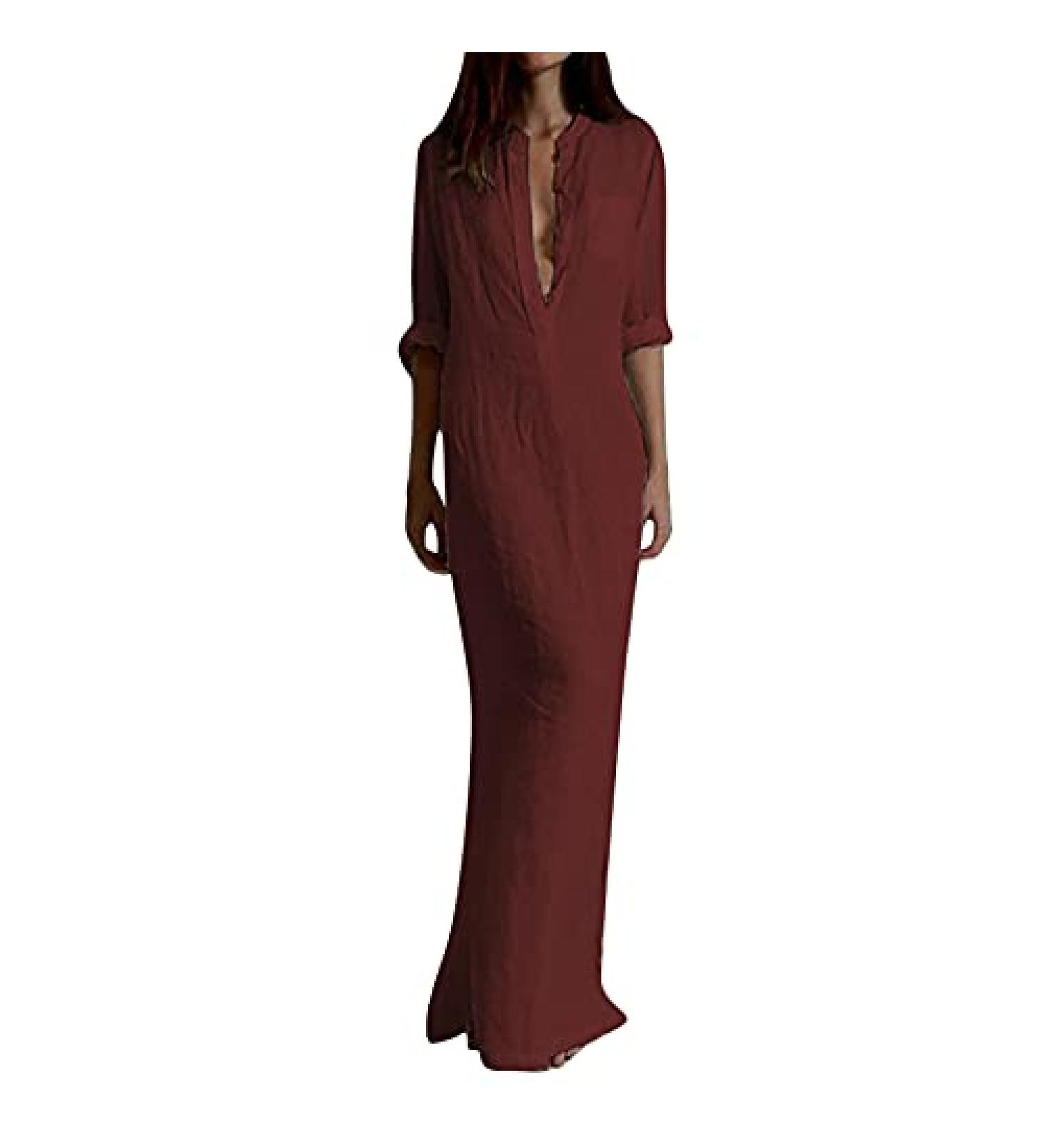 LCZIWO Women's Solid Wine Maxi Dress - Rolled-Up Long Sleeve, Slim Fit Button Up Casual Dress (XX-Large) - Buy Online on SooperMarket.com