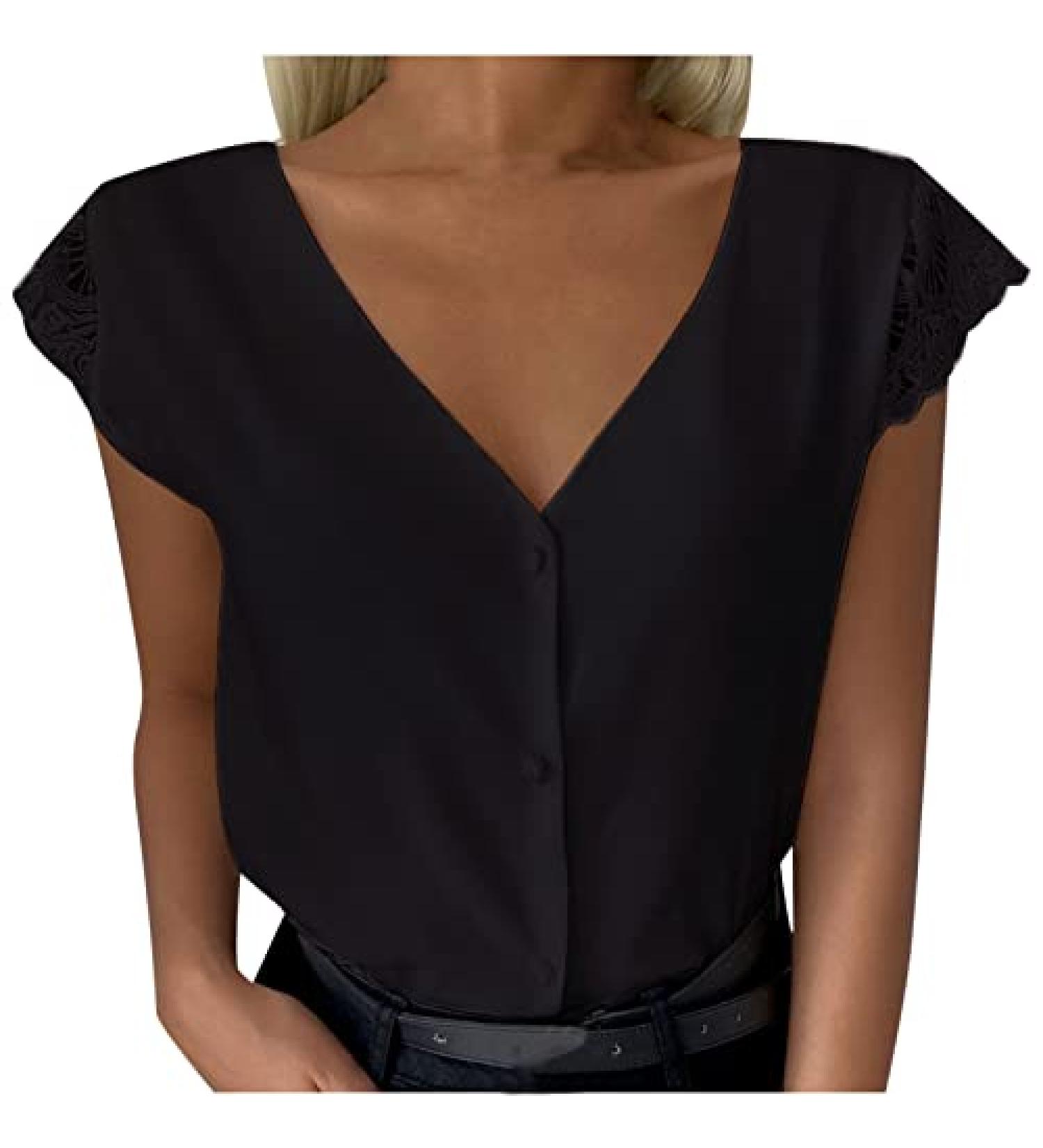 Women's Black V Neck Button Down Blouse with Lace Trim Backless Detail | Cap Sleeve Tunic Shirt - Buy Online on SooperMarket.com