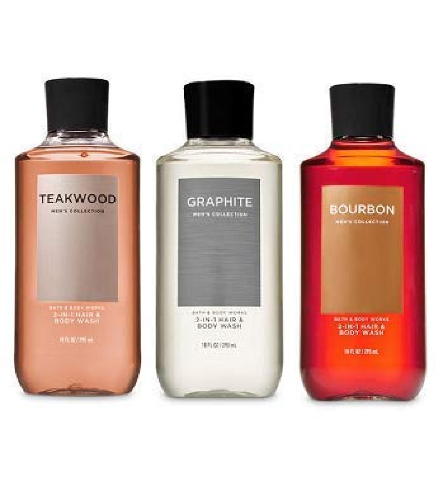 Bath and Body Works 3 Pack 2-in-1 Hair + Body Wash Teakwood, Graphite and Bourbon. 10 Oz.