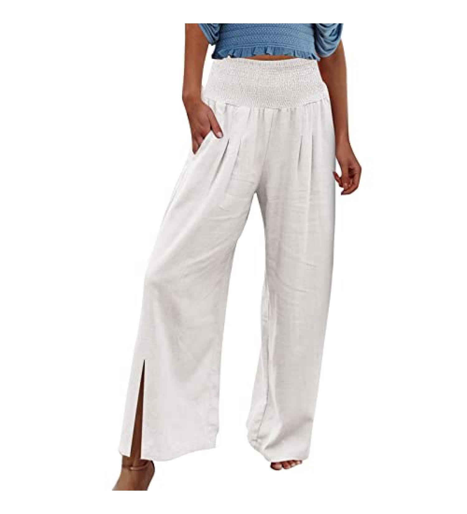 Viyabling Women's Summer Linen Palazzo Beach Pants - Elastic Waist Wide Leg Trousers in White | Medium - Buy Online on SooperMarket.com