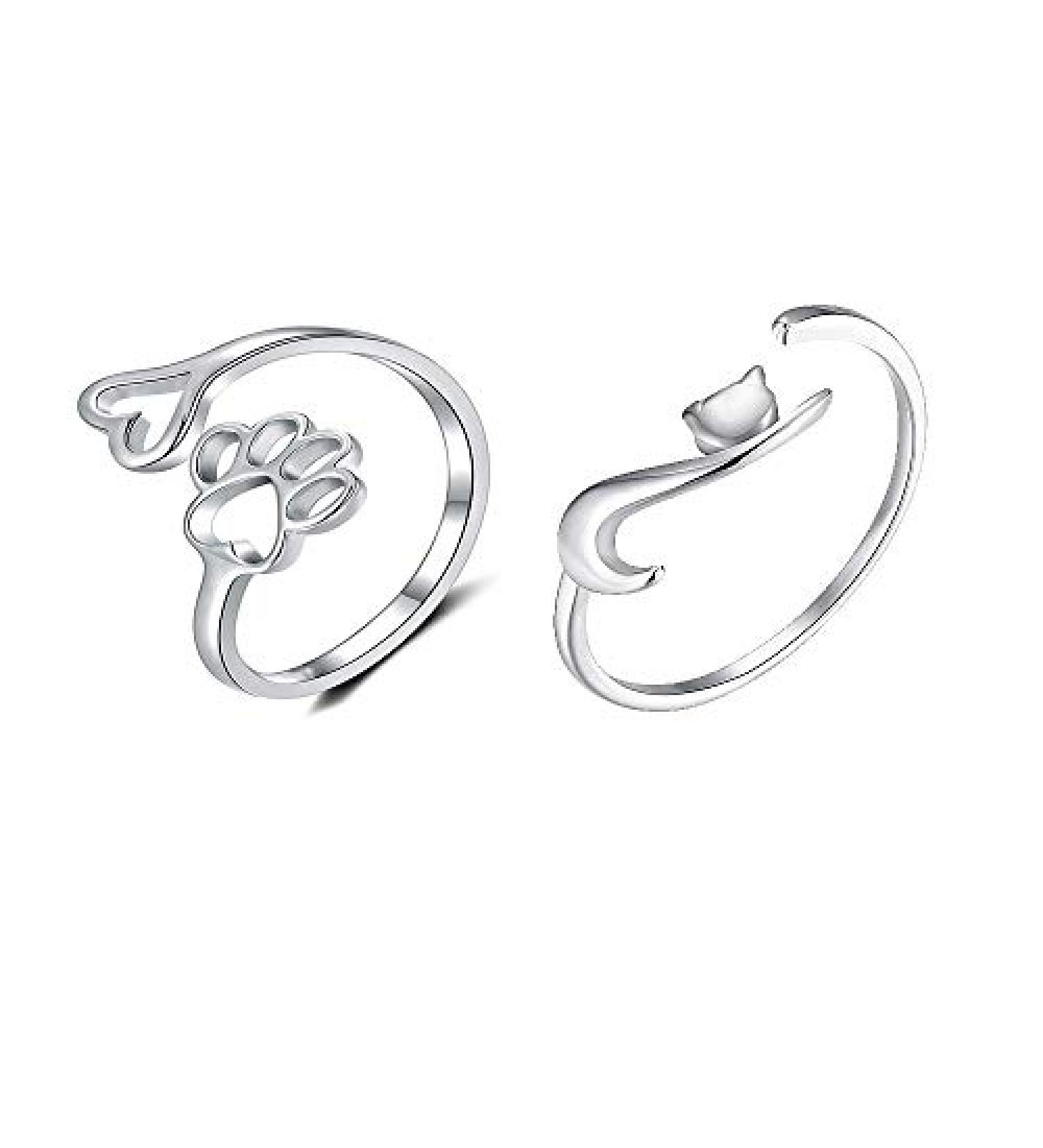 2 Pcs Dainty Puppy Dog Paw and Cat Tail Open Rings Set - Adjustable Animal Claw Love Heart Jewelry in Gold, Silver, and Rosegold Plating - Buy Online on SooperMarket.com