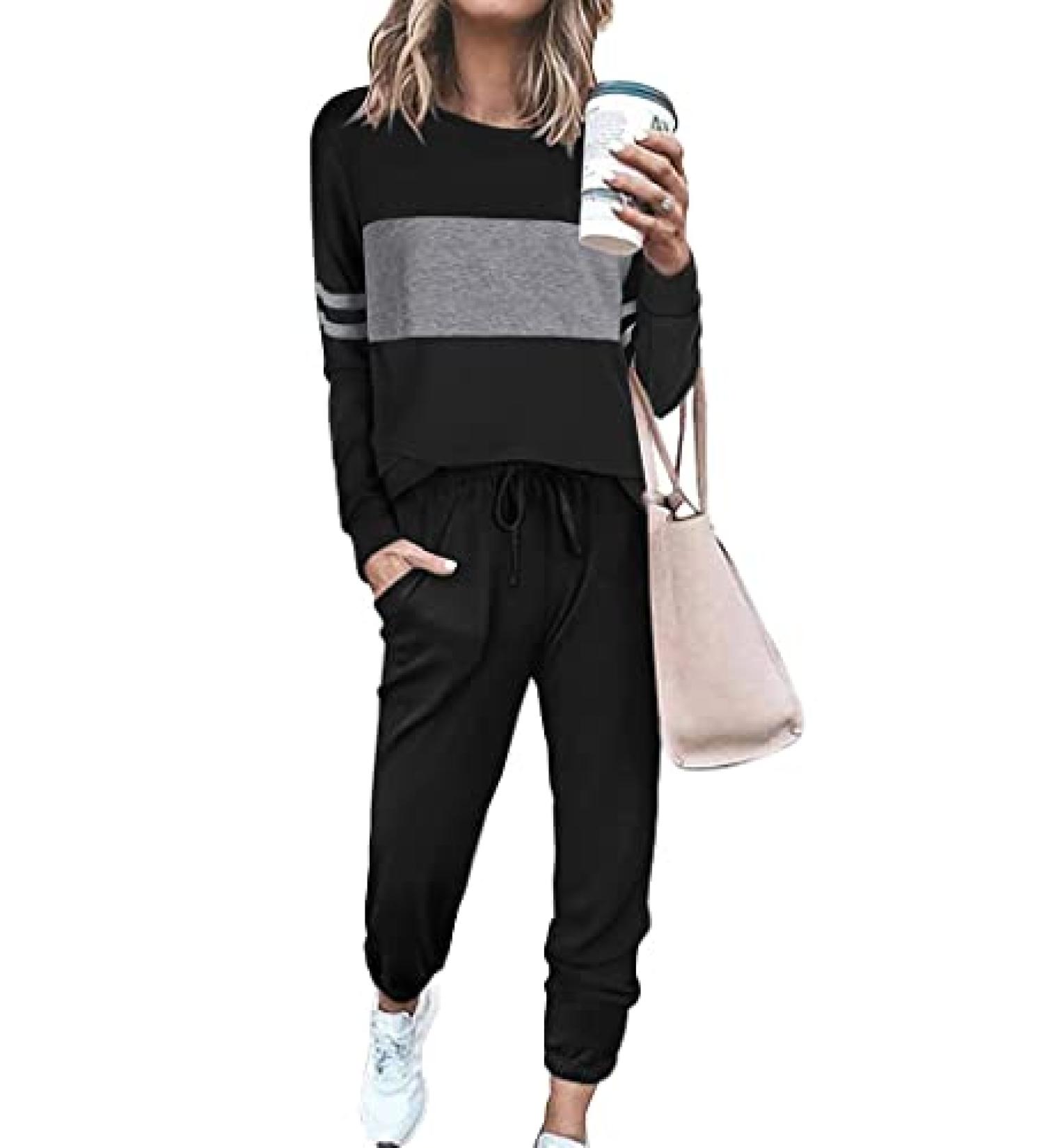 PRETTYGARDEN Women's Color Block 2 Piece Tracksuit Set - Crewneck Long Sleeve Top & Sweatpants Lounge Outfit in Black - Size Medium - Buy Online on SooperMarket.com