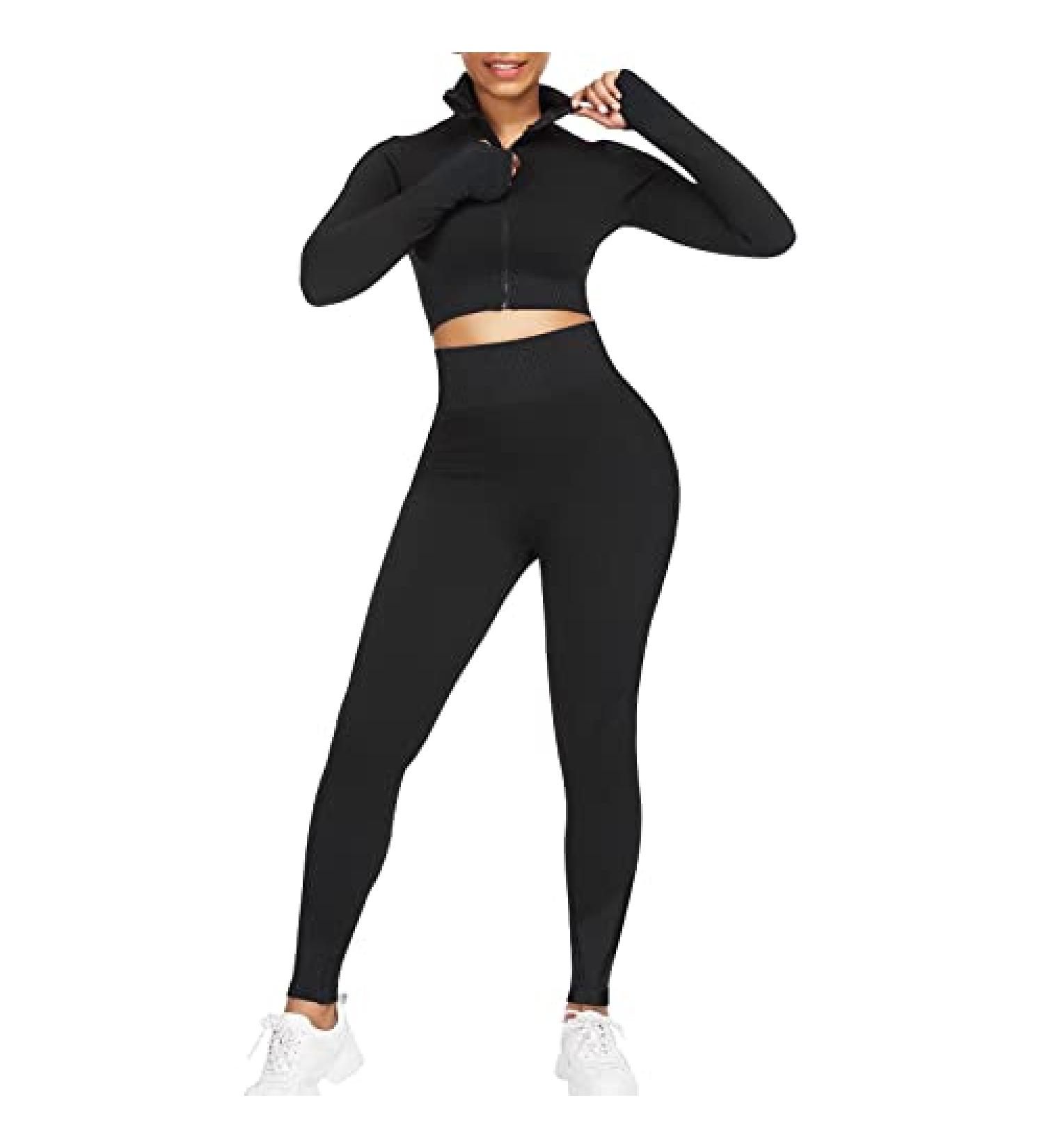 JOYMODE Women's Seamless Textured Workout Set - High Waist Leggings & Crop Top, Large, Black - Buy Online on SooperMarket.com