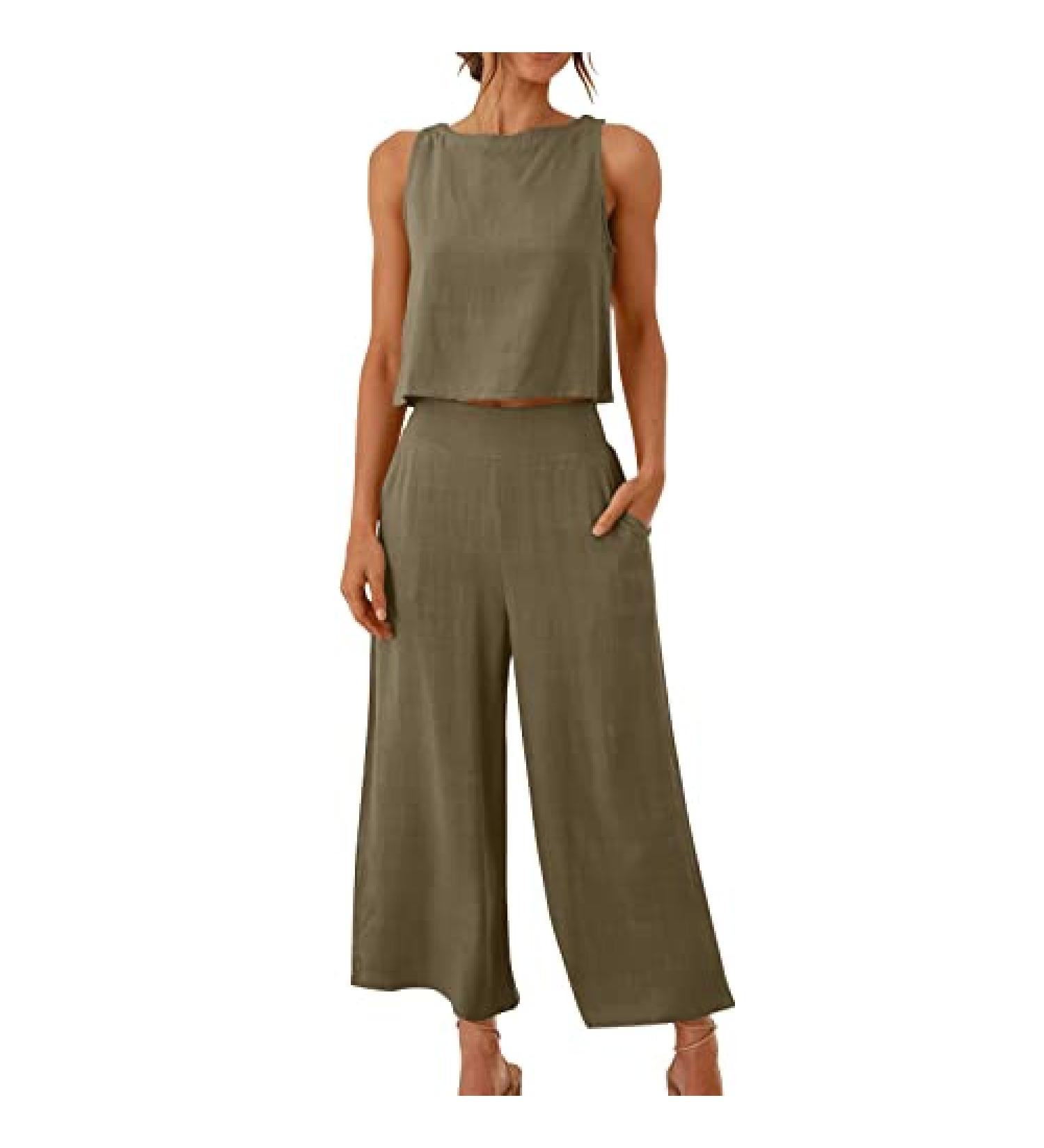 Women's Summer Two Piece Set - Sleeveless Crop Top and Capri Pants in Khaki - Size Medium - Buy Online on SooperMarket.com