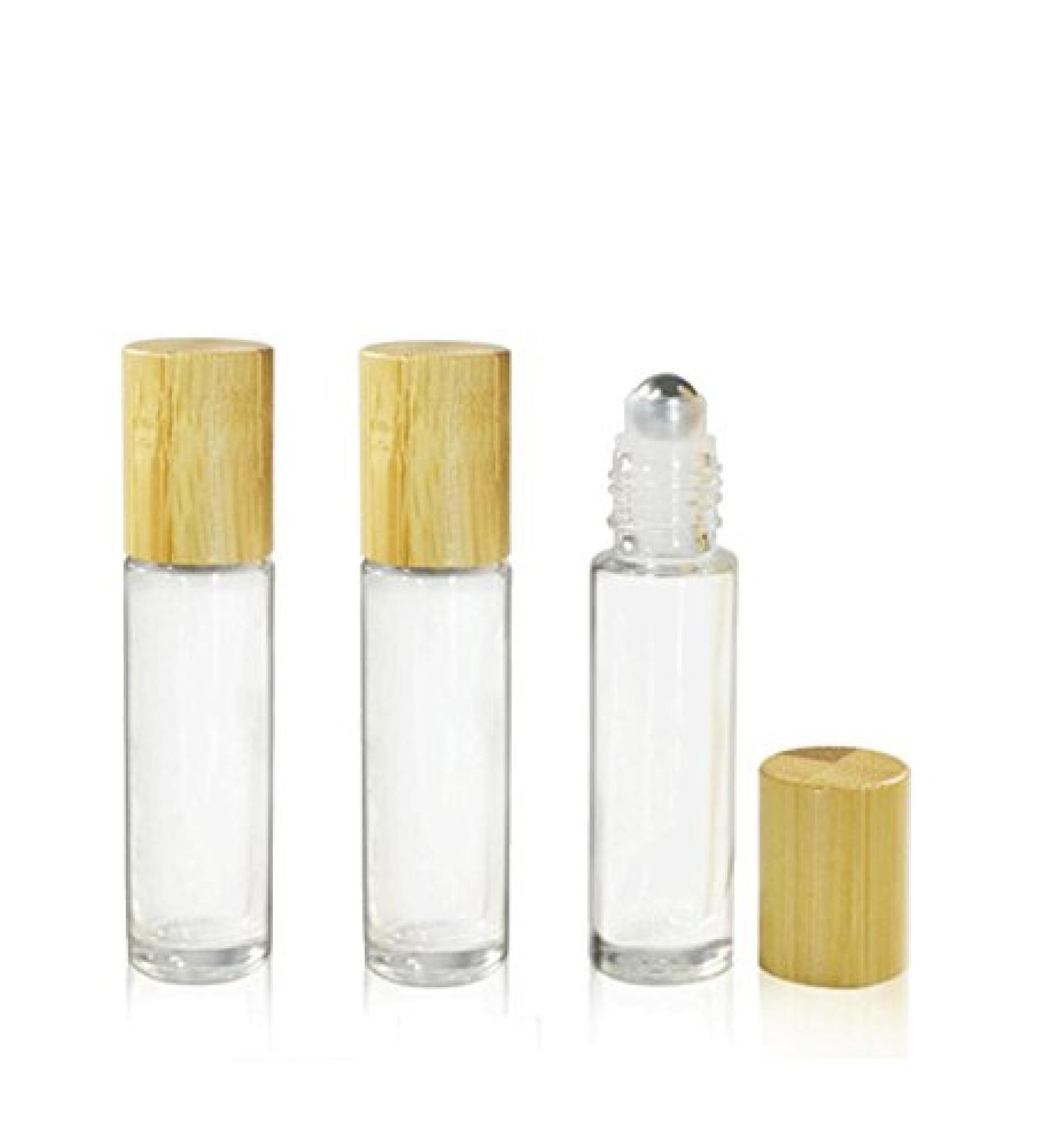 Grand Parfums 3Pcs 10mL/0.35 Oz Refillable Clear Glass Essential Oil Roll-on Bottles w/Steel or Glass Roller Balls and Bamboo Lids Empty Cosmetic Makeup Perfume Lip Gloss (3 with Steel Rollerballs)