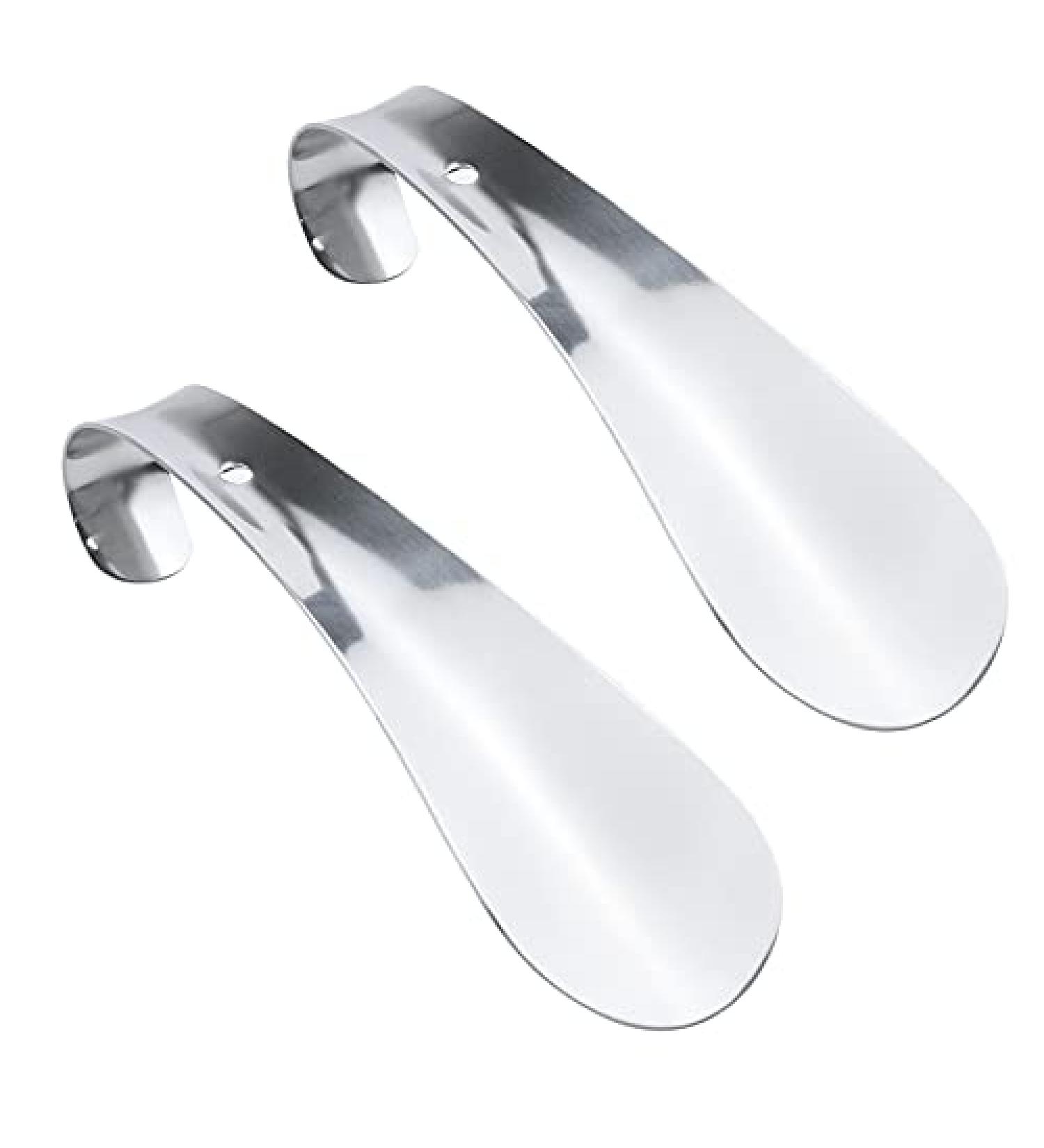 Antrader Stainless Steel Small Handled Pocket Shoehorn Shoe Horn for Kids Men Women Metal Long Handle Lifter 14.5cm Long Silver Tone Set of 2