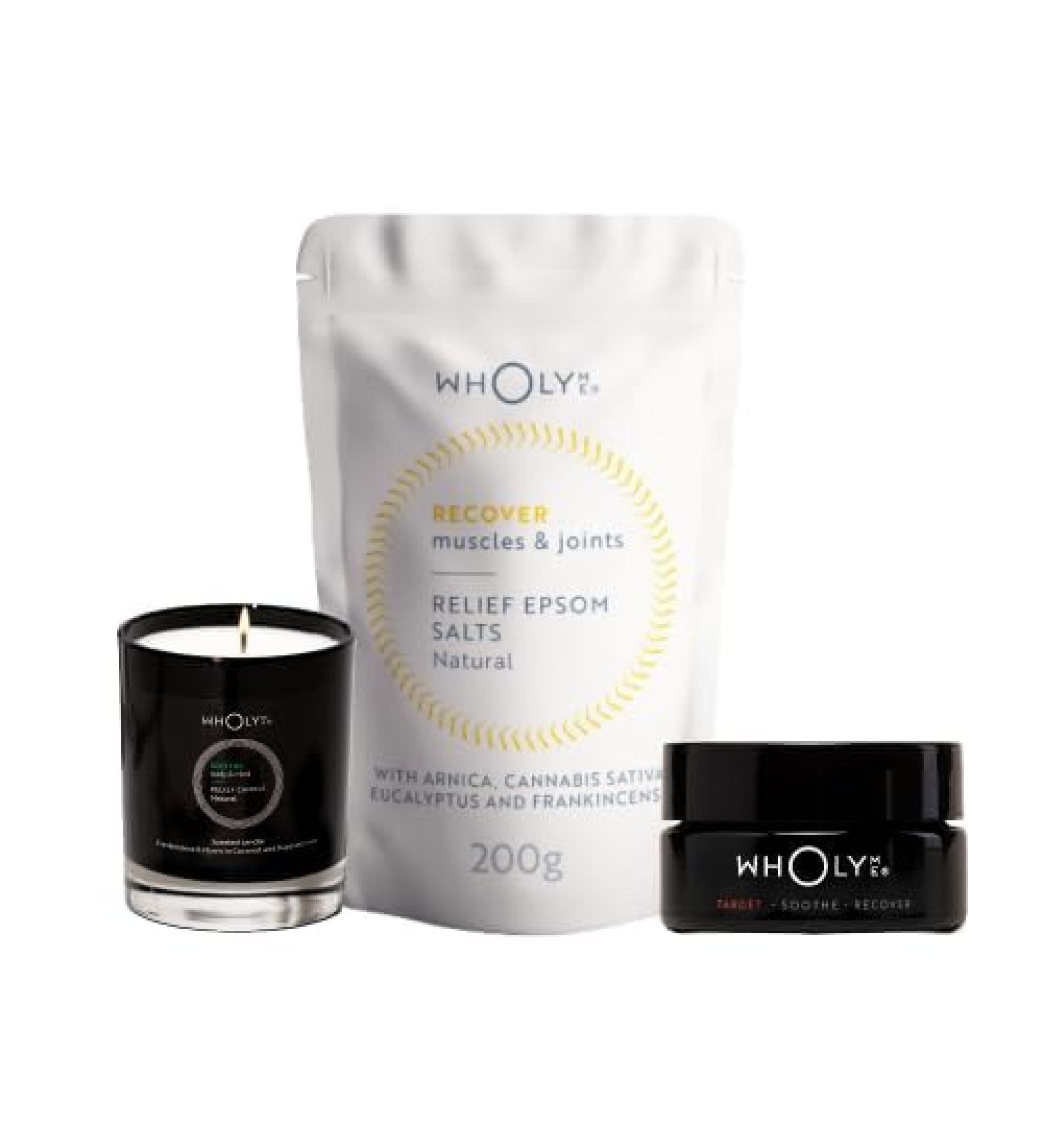 WholyMe Relief Bundle: Bath Soak with Arnica, Essential Oil Candle & Muscle Relief Balm - Christmas Relaxation Gift Set - Buy Online on SooperMarket.com