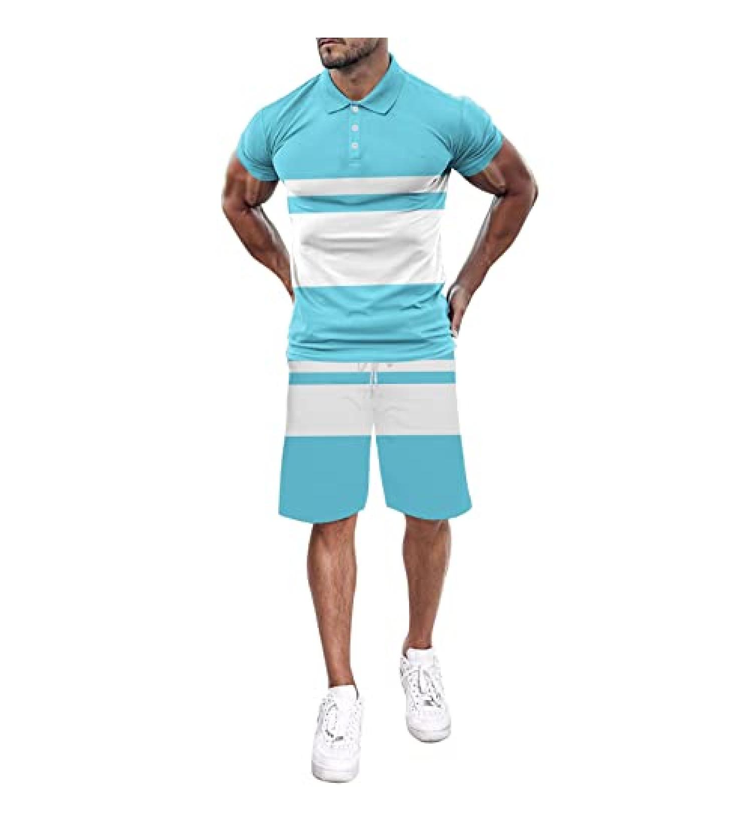 BEUU Men's Summer Casual Sports Set | Short Sleeve Polo Shirt & Shorts | Sky Blue XL - Buy Online on SooperMarket.com