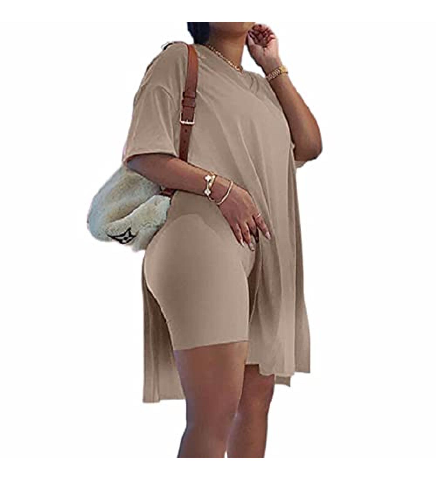Difanlv Plus Size Women's 2 Piece Brown Tracksuit Set - Short Sleeve Tunic Top & Bodycon Shorts | Size Large - Buy Online on SooperMarket.com