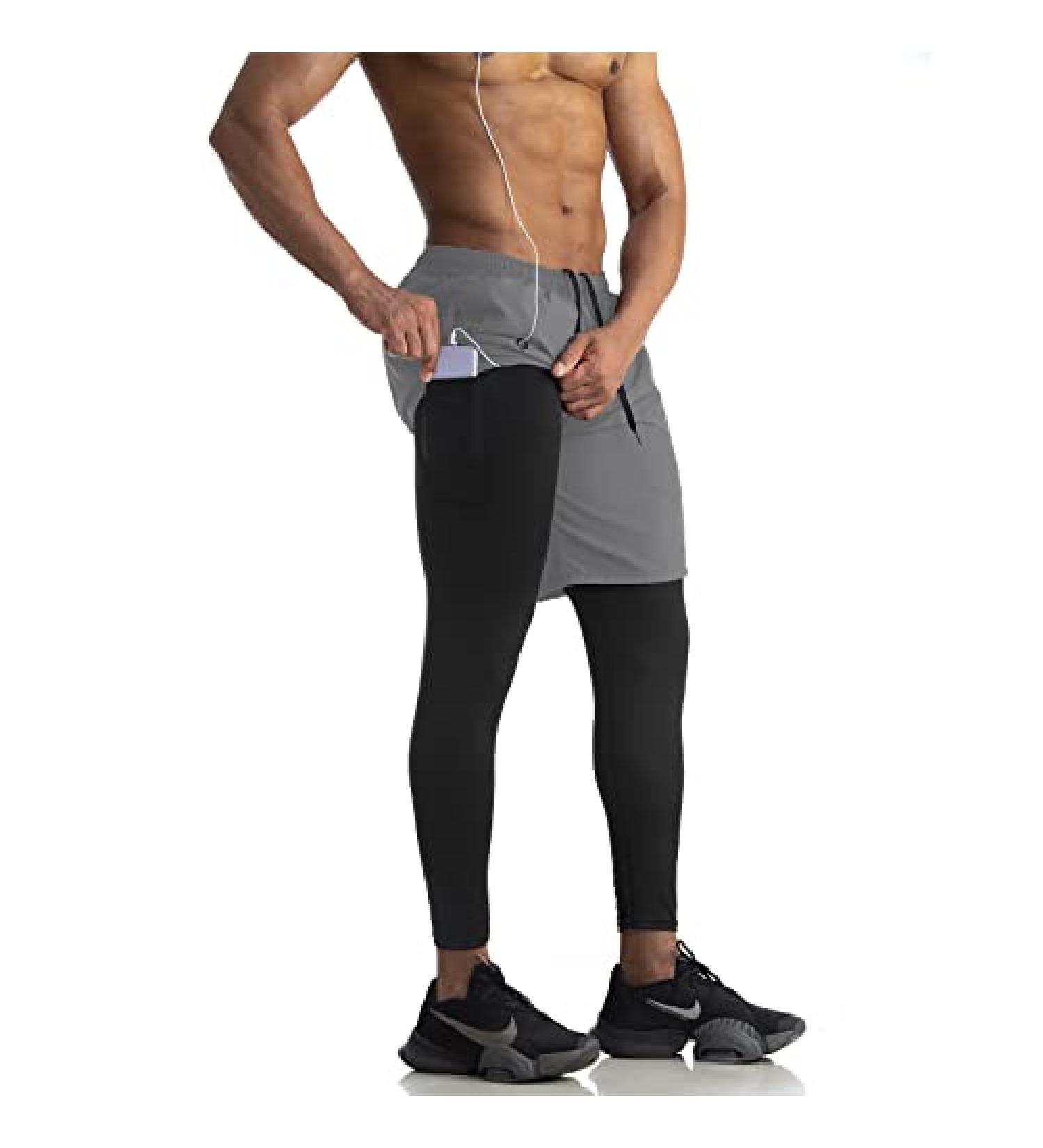 WIRIST 2 in 1 Running Pants for Men - Grey X-Large | Workout Compression Gym Athletic Shorts Leggings with Pocket - Buy Online on SooperMarket.com