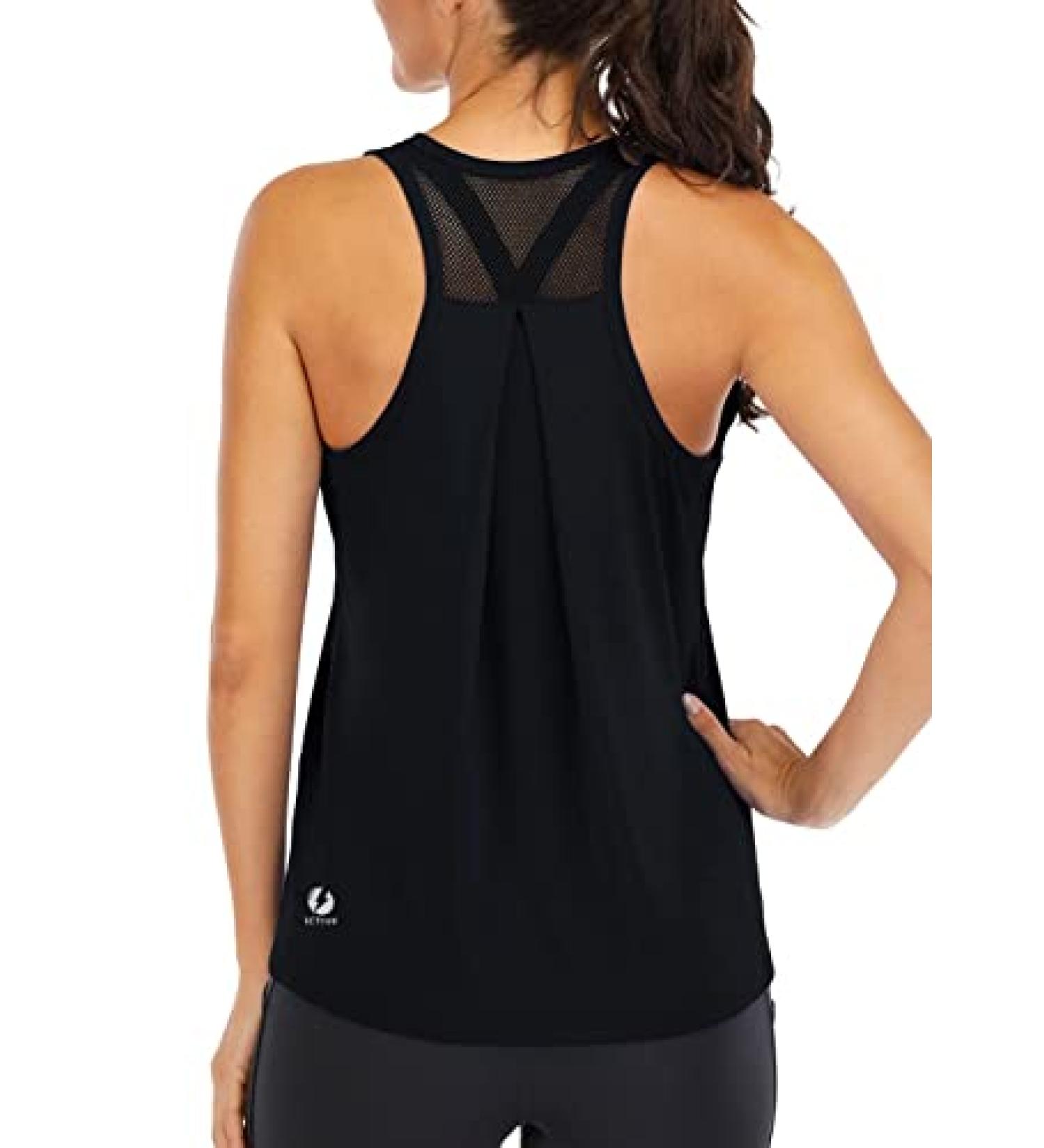 ICTIVE Workout Tops for Women Loose fit Racerback Tank Tops for Women Mesh Backless Muscle Tank Running Tank Tops Large Black