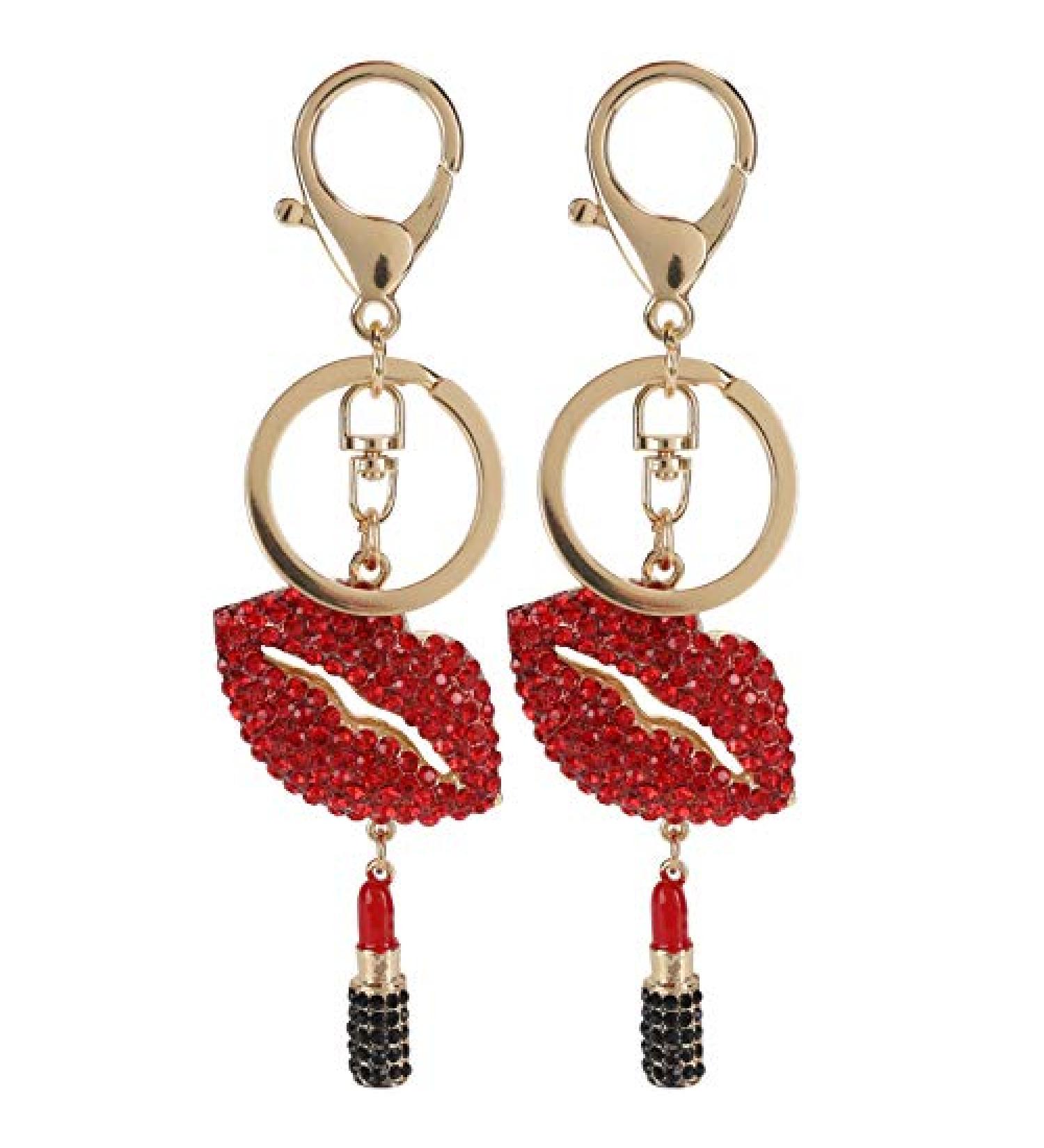 2Pcs Sparkling Lips & Lipstick Keychain Set - Red Bling Charm for Keys, Purse, Bags - Buy Online on SooperMarket.com