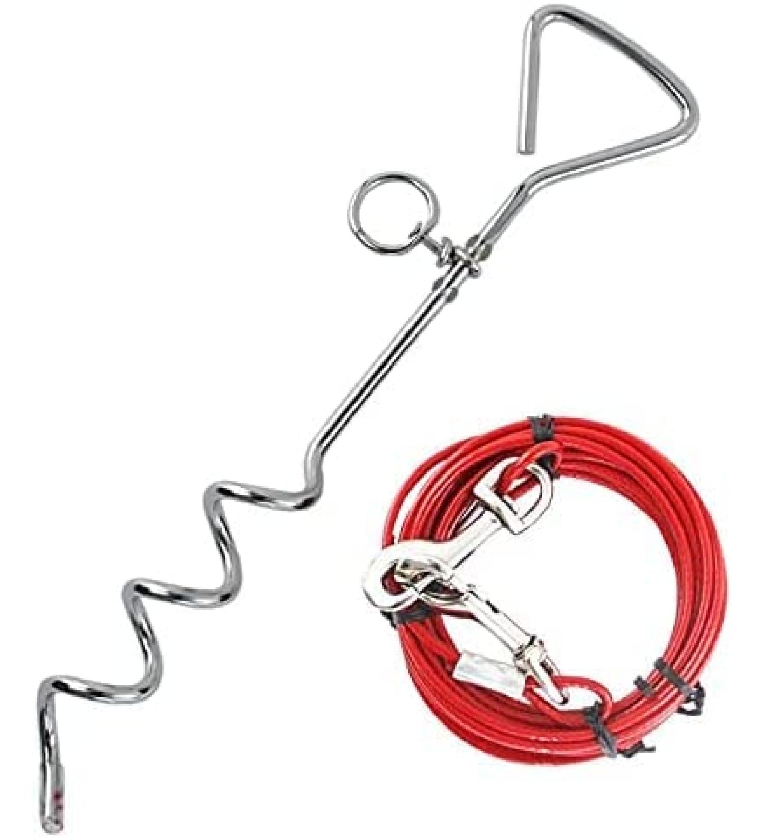 Tie Out Cable with Spiral Ground Stake - Heavy Duty Stake Sturdy and Secure - Outdoor Yard Camping Dog Leash Puppy Pet - Anchor Point with Spring Loaded Clip (16ft (5m)) - Buy Online on SooperMarket.com