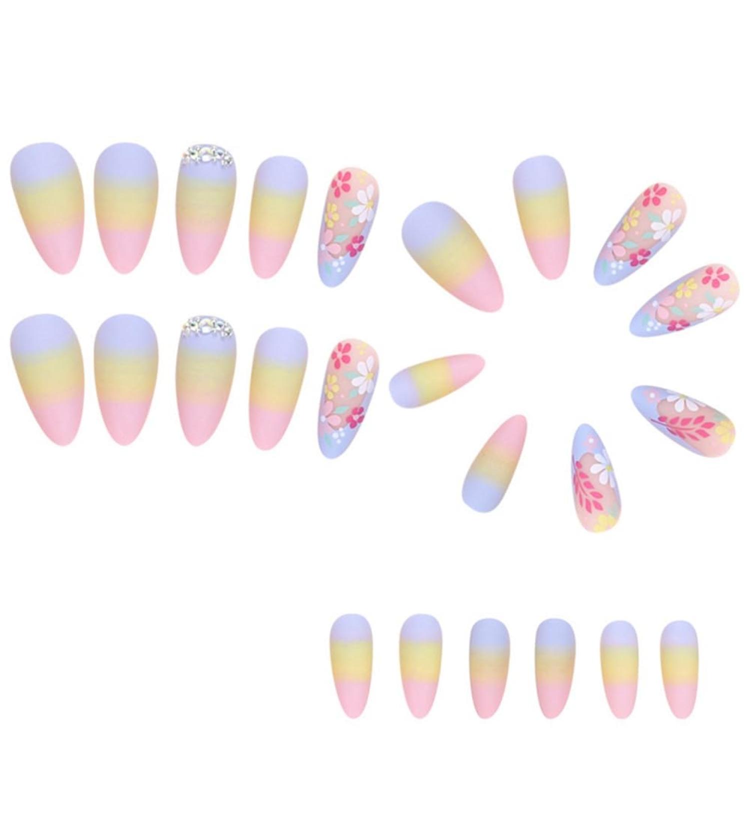 Aflytep Diamond French Wearable Nails Wearable Press on Nails Full Cover Nail Tips Rainbow Small Flower Sticker False Nail Tips - Buy Online on SooperMarket.com