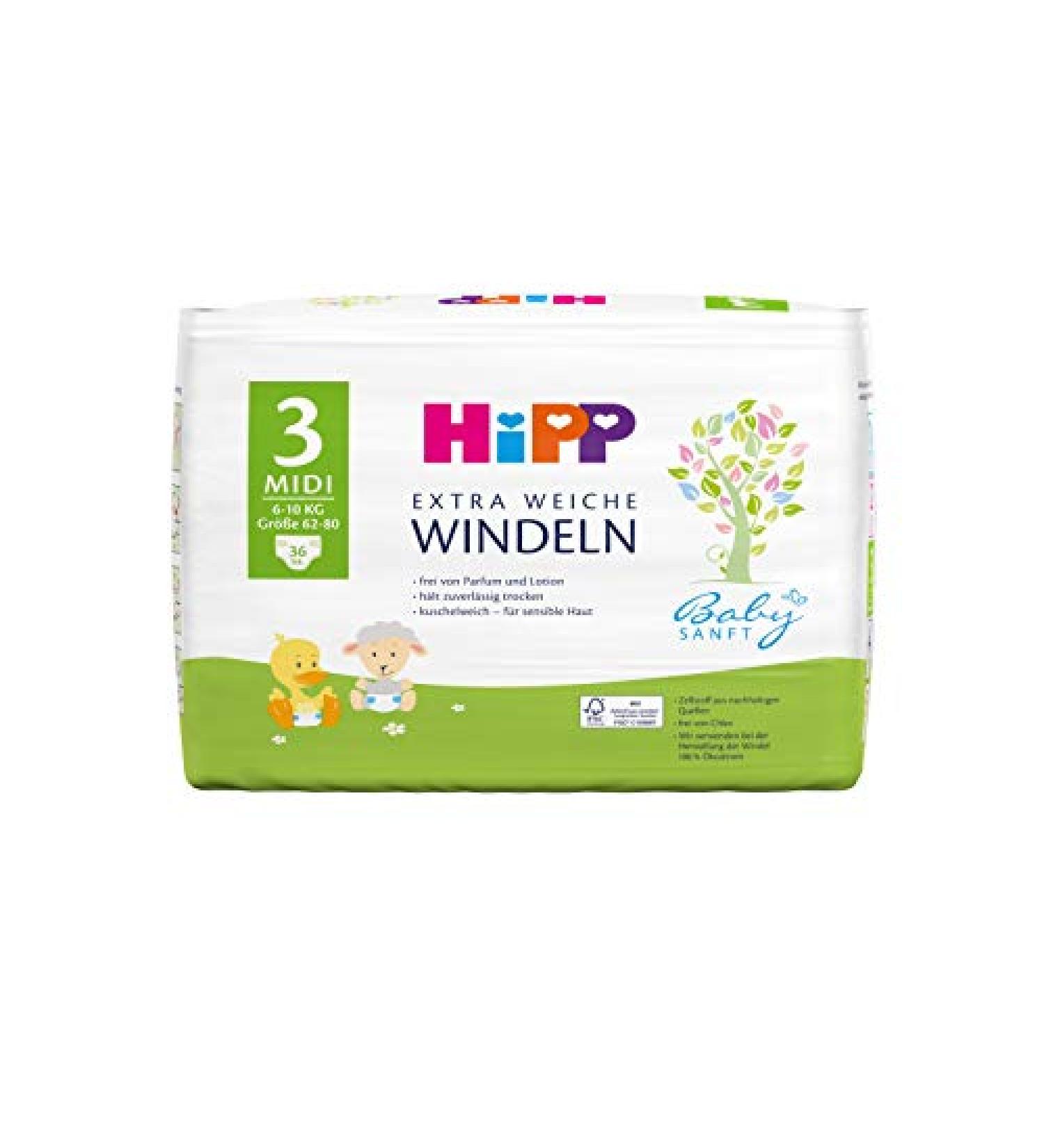 Hipp Babysanft Carry Midi 3 Diapers - Size 62-80 (6-10kg) | Pack of 3 (108 Pieces) - Best Eco-Friendly Choice for Babies - Buy Online on SooperMarket.com