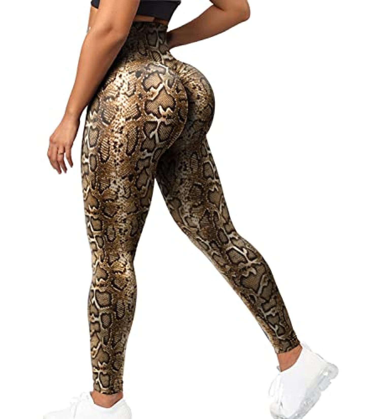 YOFIT Women High Waist Butt Lift Leggings - Brown Snake Medium | Gym Workout Yoga Pants with Tummy Control and Booty Scrunch Detail - Buy Online on SooperMarket.com