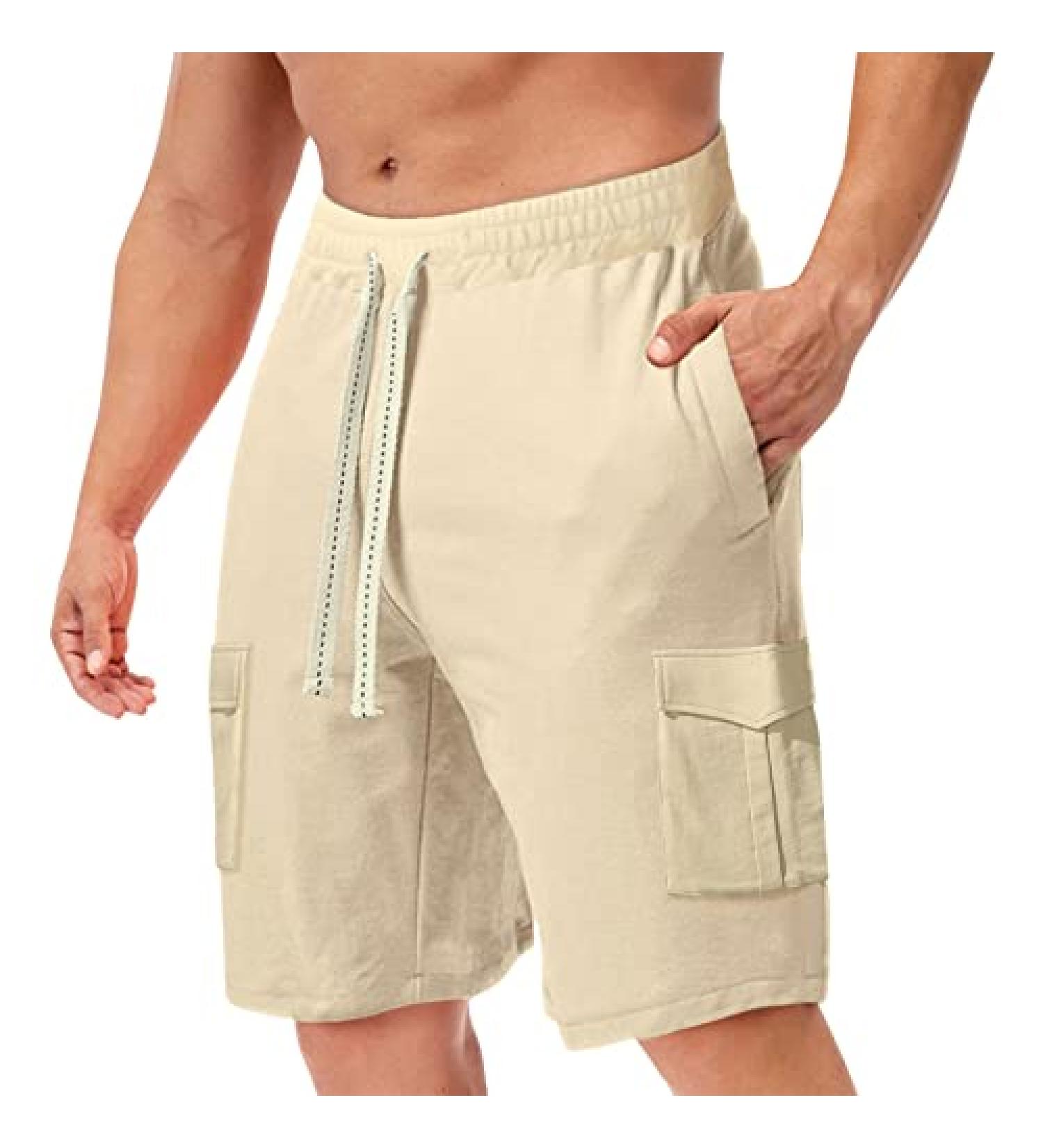 Men's Solid Color Drawstring Pocket Shorts - Elastic Waist Workout Shorts in Khaki, Size Large - Buy Online on SooperMarket.com