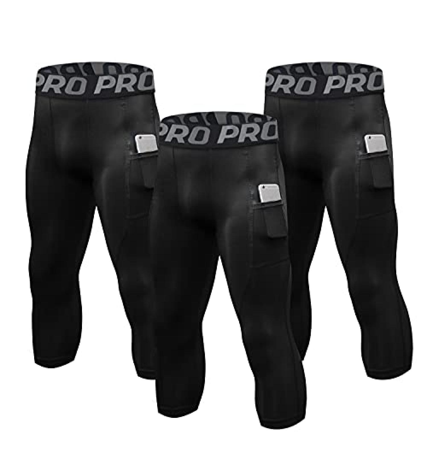 3 Pack Men's 3/4 Compression Pants with Pockets - Cool Dry Athletic Leggings for Sports, Yoga, Gym - Black (Medium) - Buy Online on SooperMarket.com