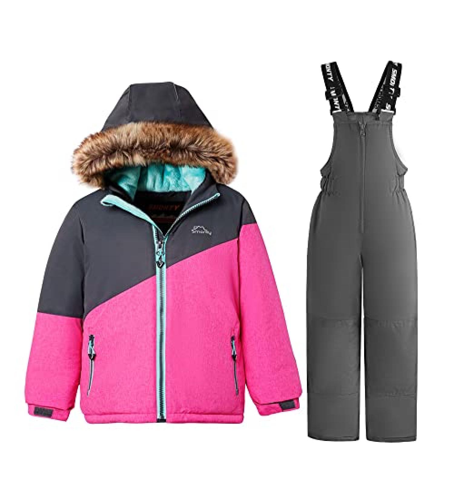 SMONTY Girls Winter Snow Suit Set - Gray/Pink 8 | Hooded Ski Jacket & Pants | Windproof, Waterproof & Warm - Buy Online on SooperMarket.com