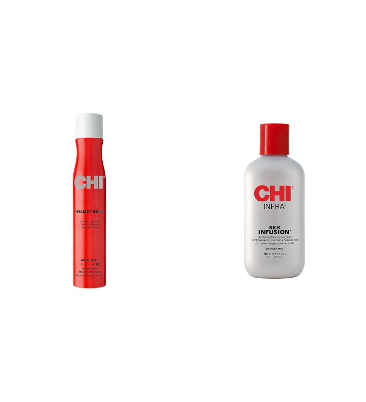 CHI Helmet Head Extra Firm Hairspray 10 oz & INFRA Silk Infusion 6 Fl Oz 10 Ounce (Pack of 1) Hairspray + Silk Infusion 6 Fl Oz - Buy Online on SooperMarket.com
