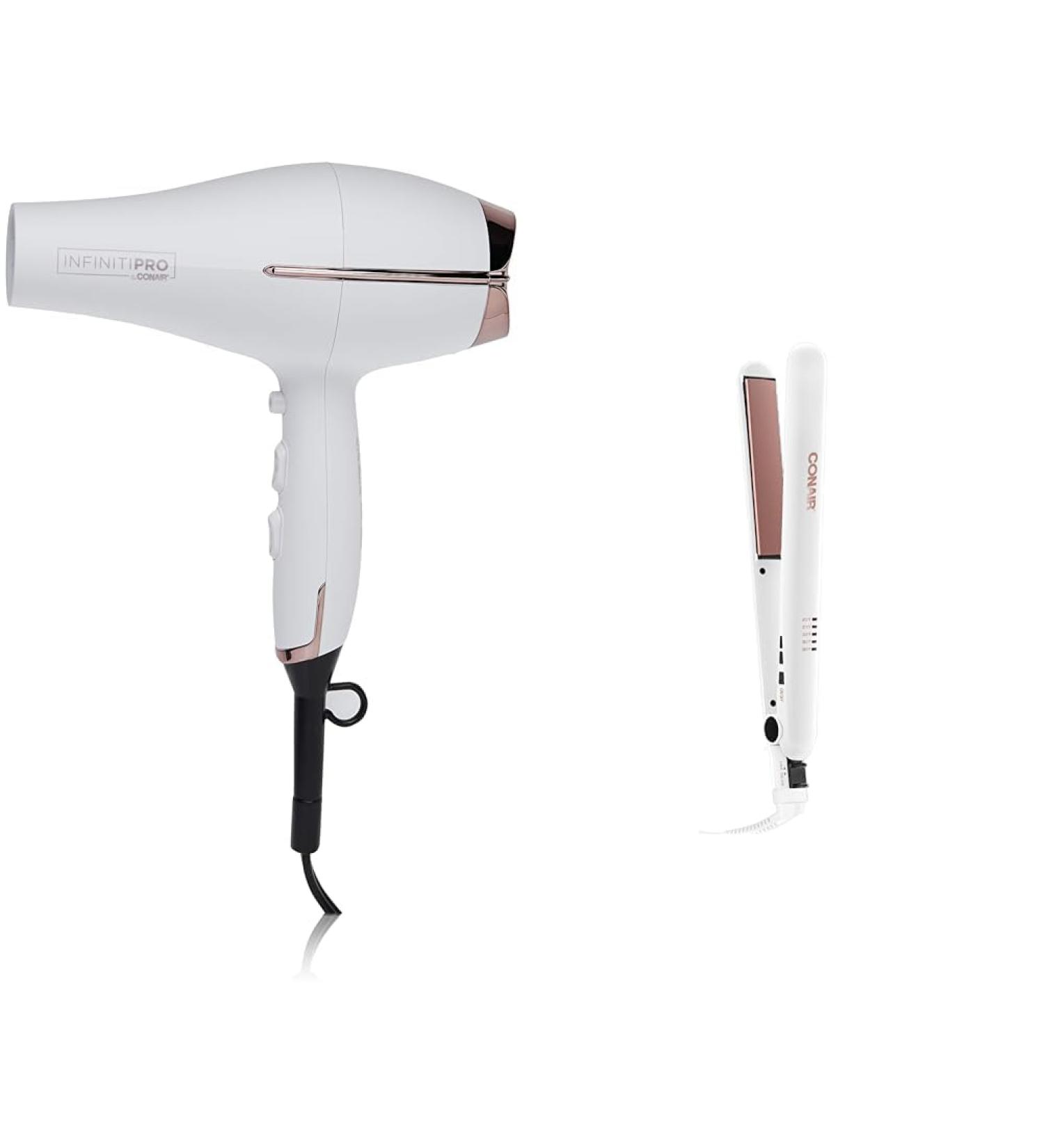 Conair 362C Infiniti Pro Tourmaline Ceramic Soft Touch Full Size Hair Dryer & Double Ceramic Flat Iron 1 Inch White/Rose Gold - Buy Online on SooperMarket.com
