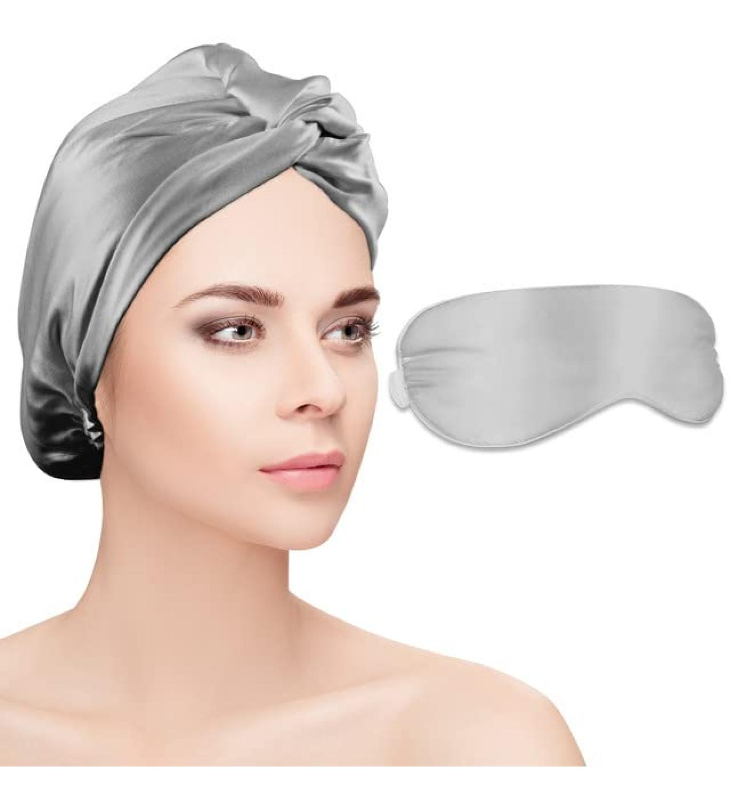 22 Momme 100% Pure Mulberry Silk Grey Sleep Cap for Women - Double Layer Hair Bonnet for Sleeping - Buy Online on SooperMarket.com